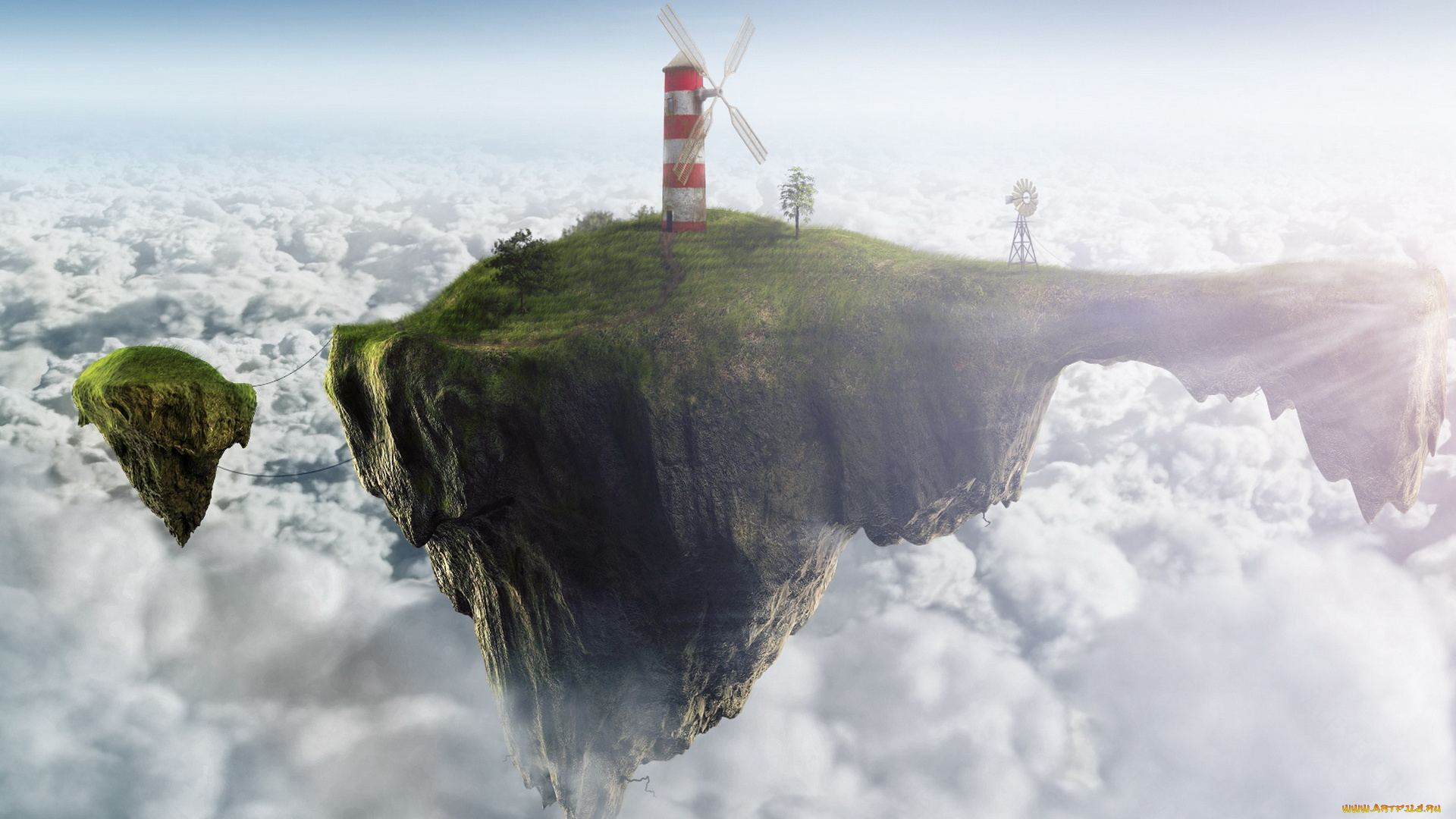 разное, компьютерный, дизайн, острова, облака, ветряк