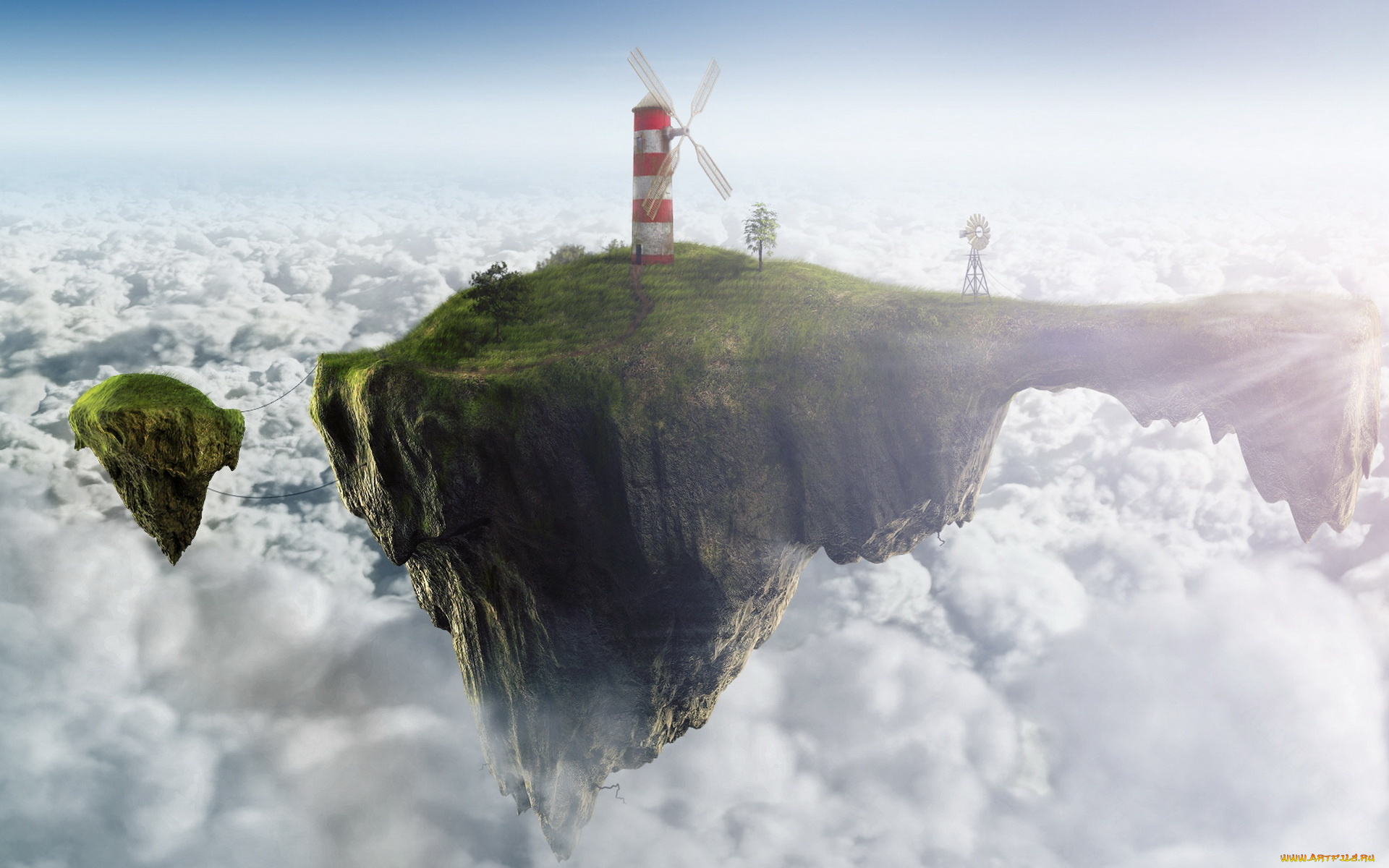 разное, компьютерный, дизайн, острова, облака, ветряк