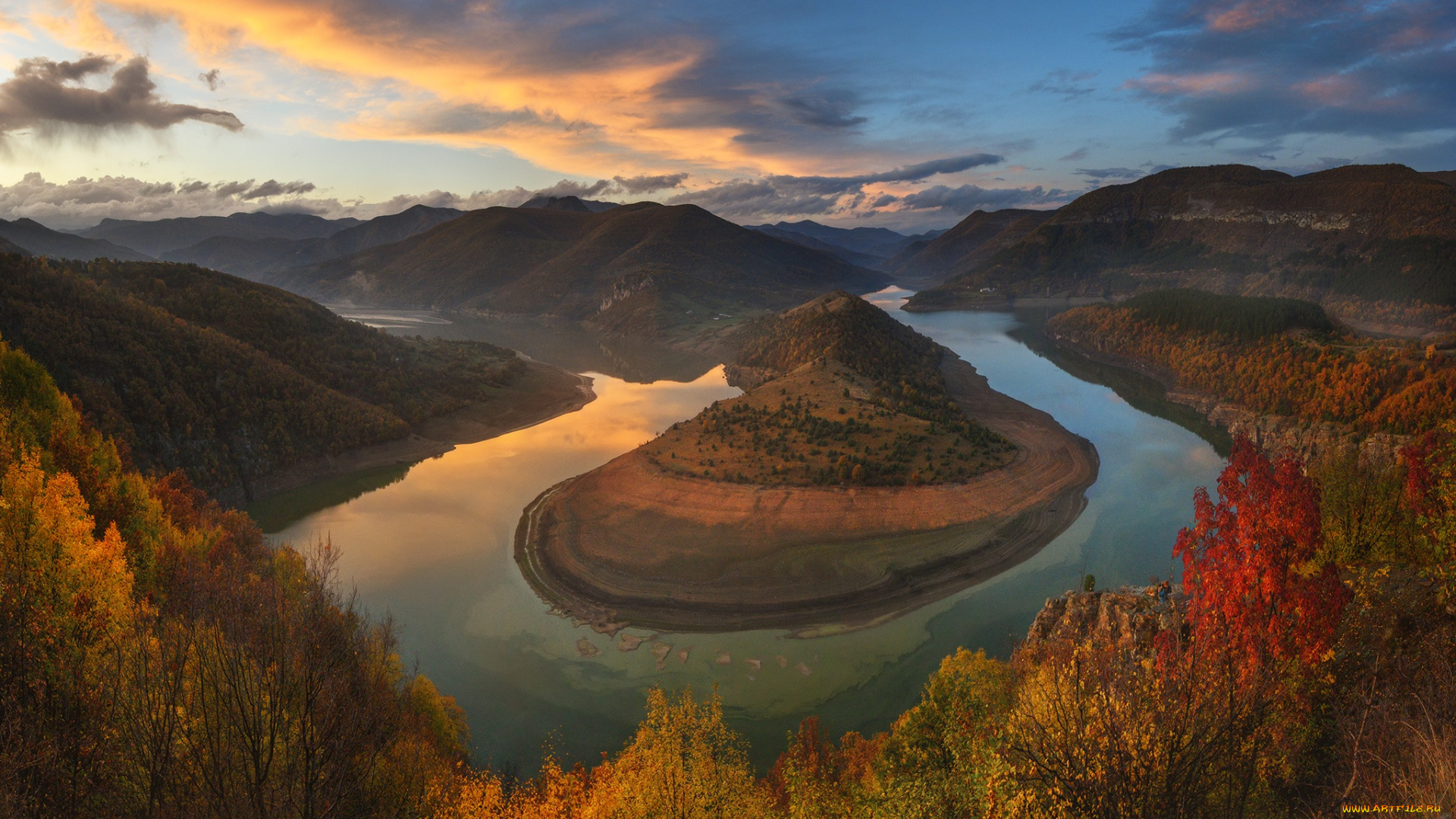природа, пейзажи, осень, облака, пейзаж, закат, горы, река, болгария