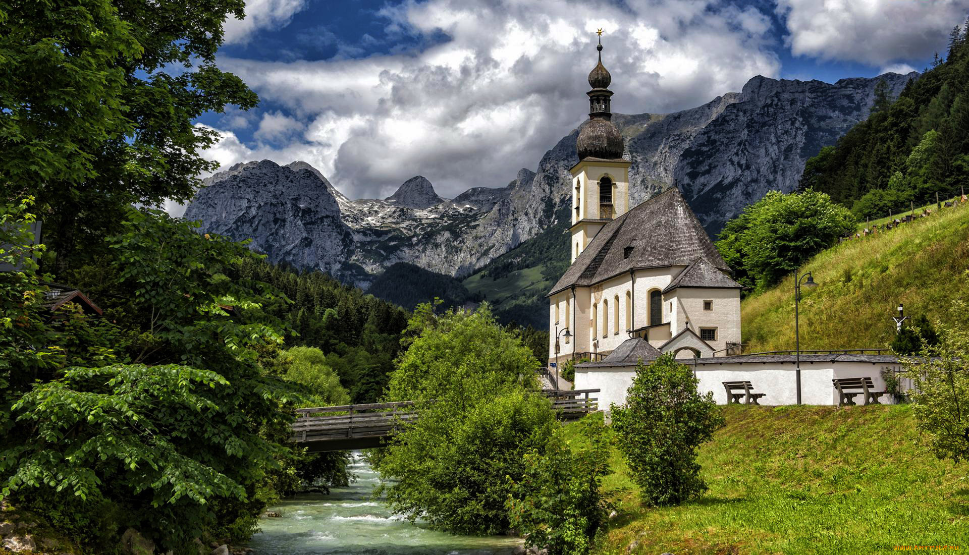 города, берхтесгаден, , германия, горы, мост, река, костел