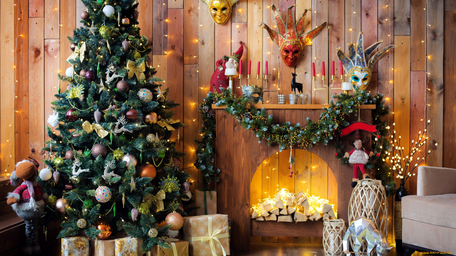 праздничные, ёлки, камин, маски, елка, подарки