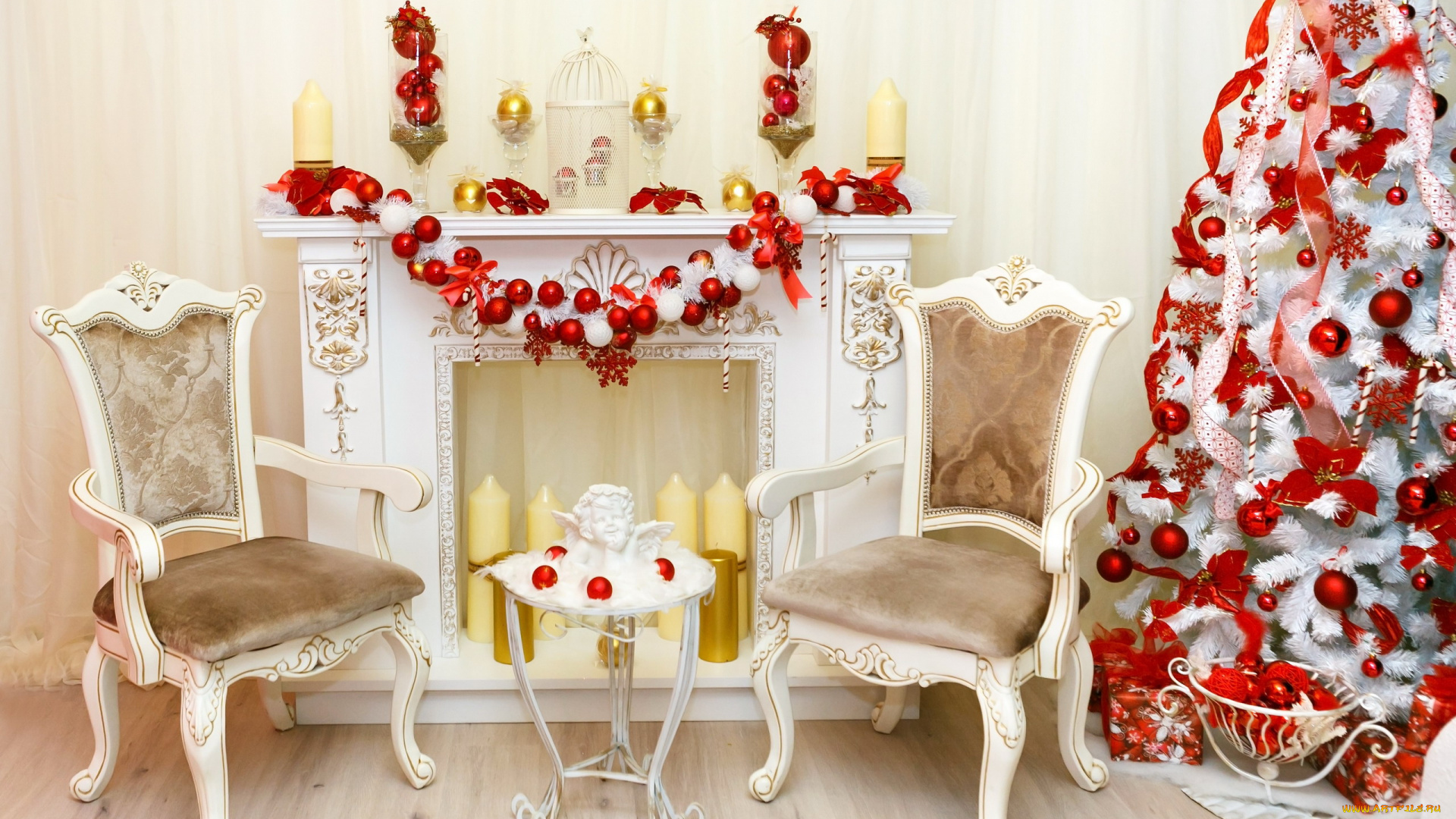 праздничные, ёлки, камин, свечи, елка, гирлянда, ангел