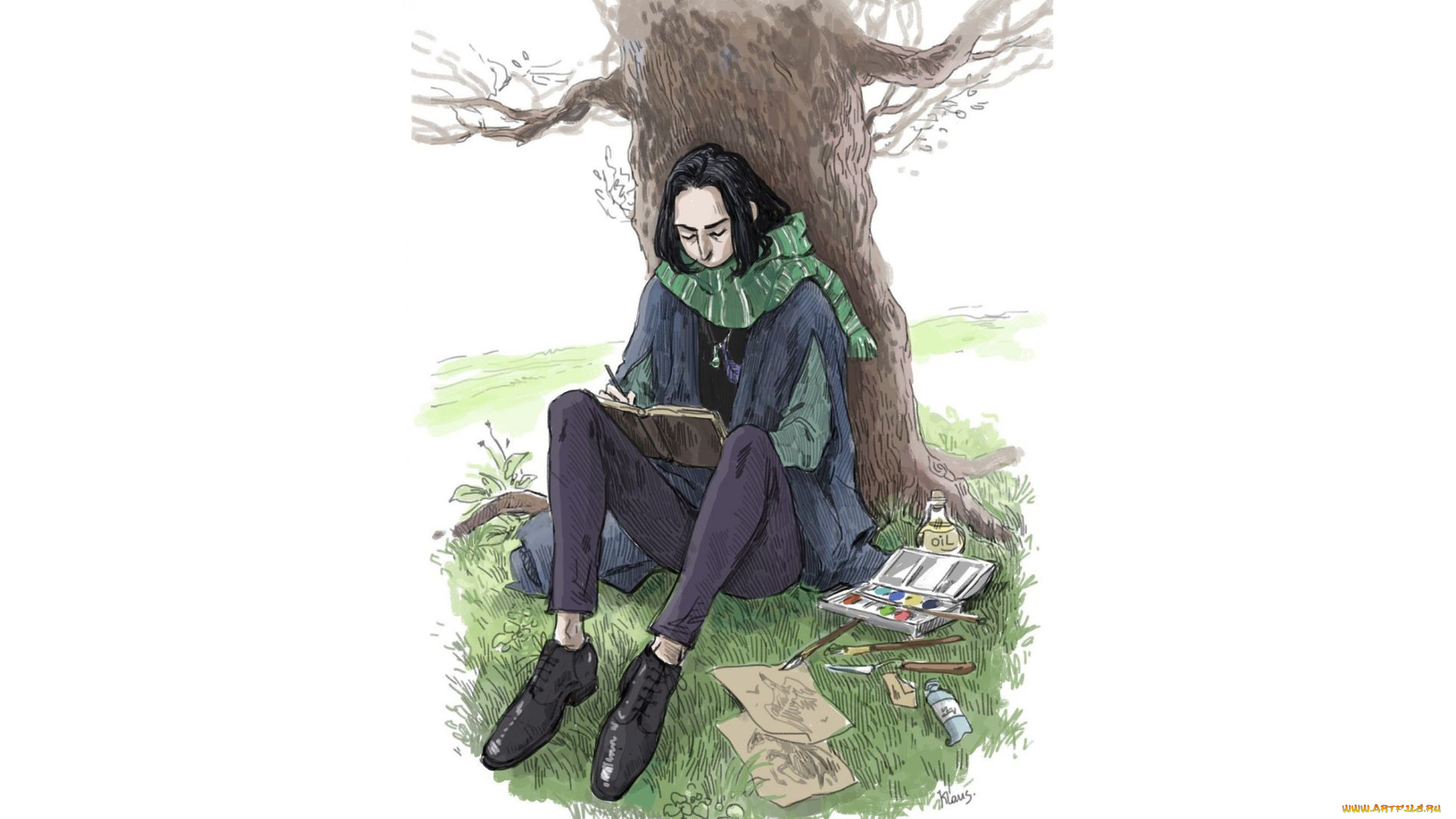 рисованное, кино, , мультфильмы, северус, снейп, шарф, дерево, краски, дневник