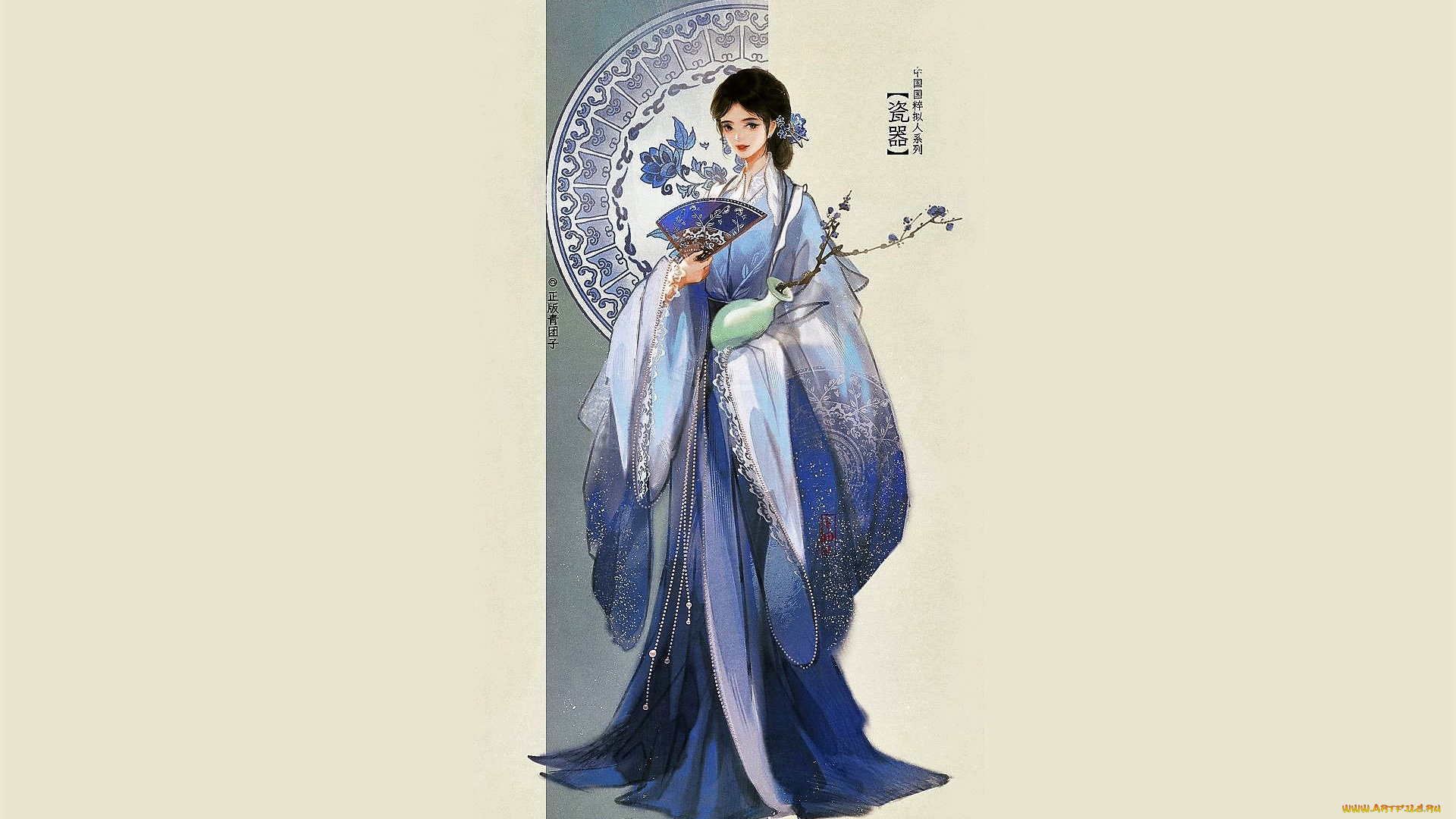 рисованное, люди, девушка, веер, кувшин, ветка