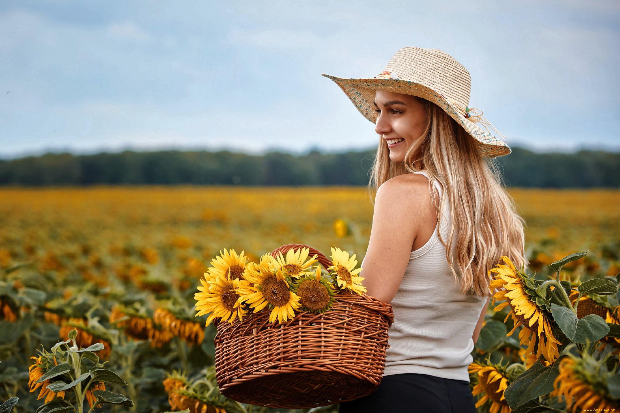девушки, -, блондинки, , светловолосые, блондинка, шляпа, улыбка, поле, подсолнухи, корзинка