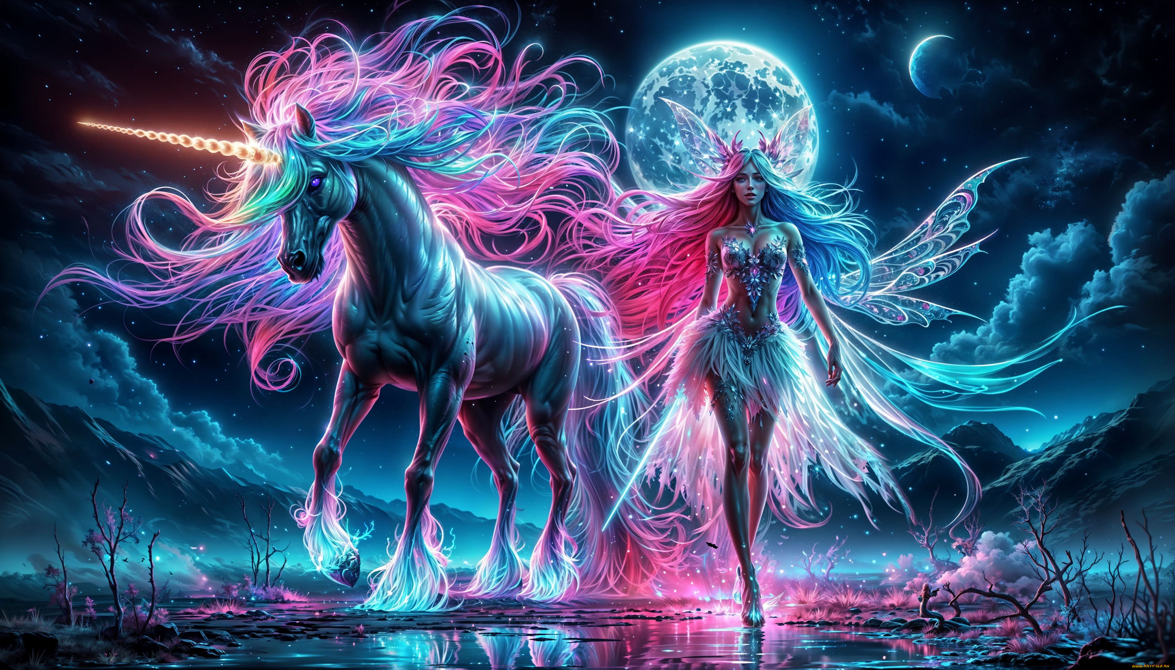 3д, графика, фантазия, , fantasy, девушка, единорог