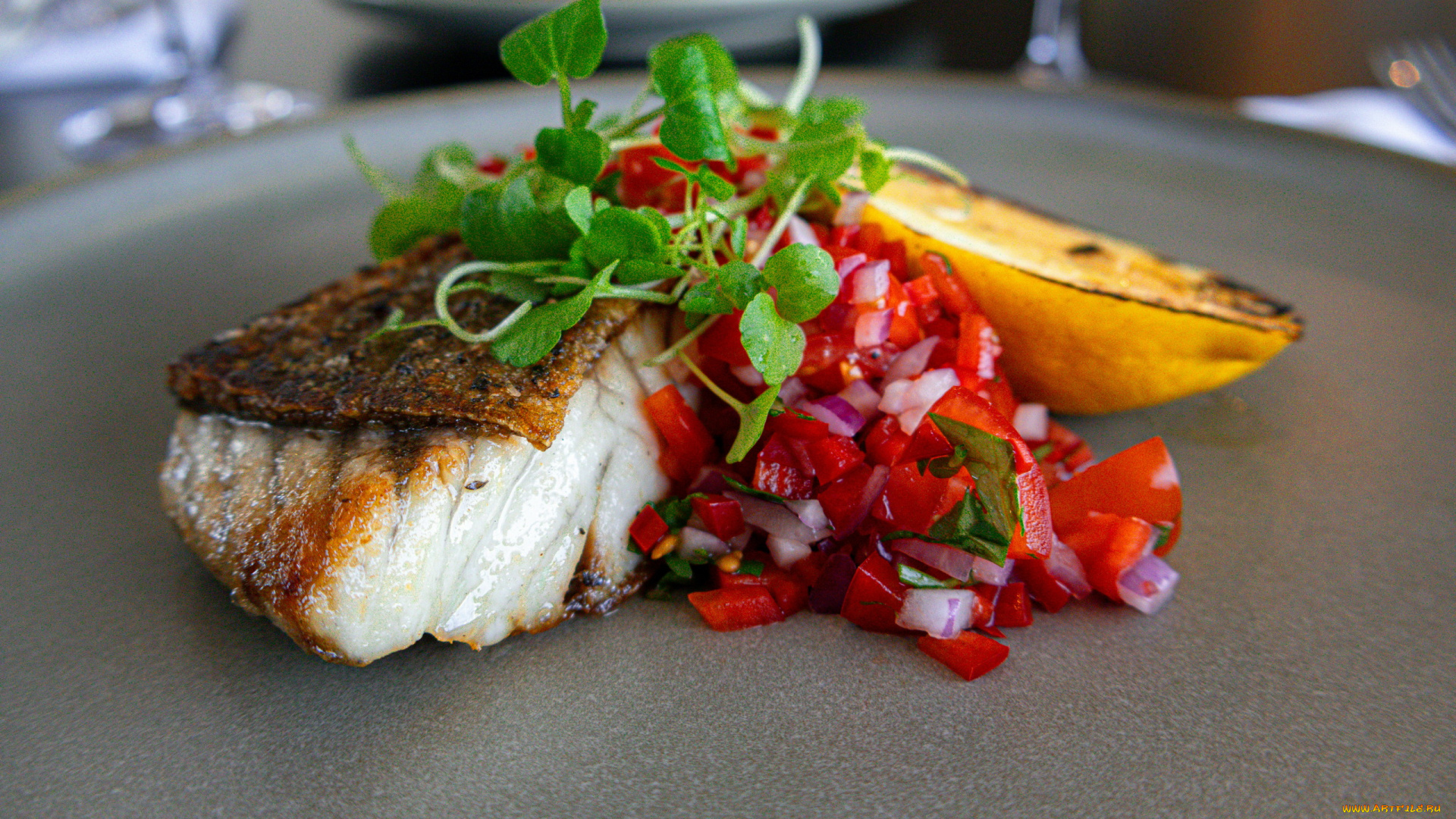 еда, рыбные, блюда, , с, морепродуктами, овощи, жареная, рыба, зелень