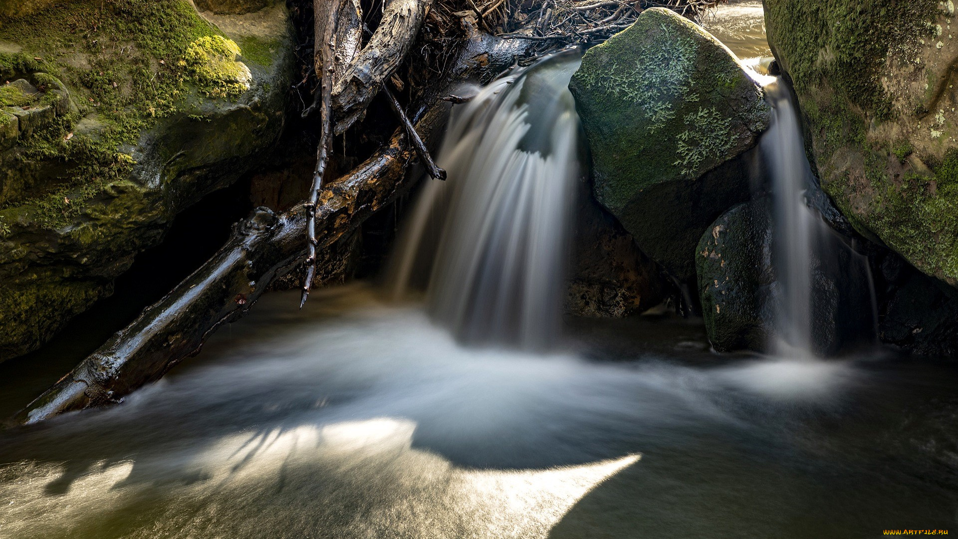 природа, водопады, водопад, поток, камни, палки