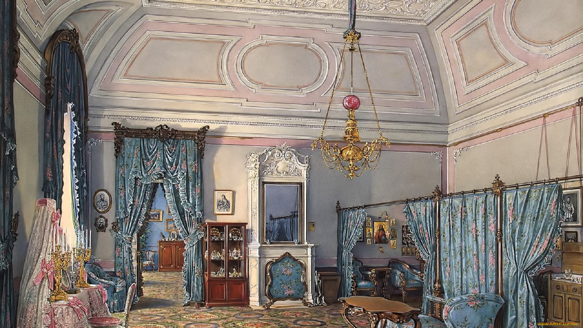 рисованное, эдуард, гау, интерьер, комната, дворец, люстра, свод, лепнина, зеркало, шторы, кресла, стол