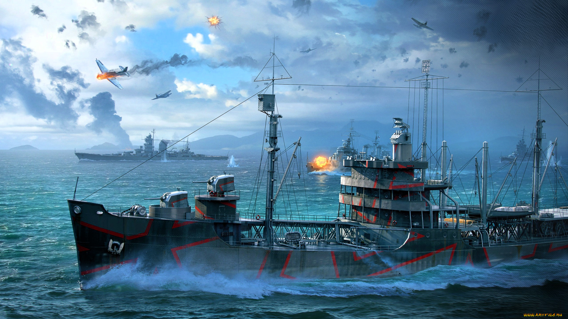 видео, игры, world, of, warships, корабли, море, огонь, бой, самолеты