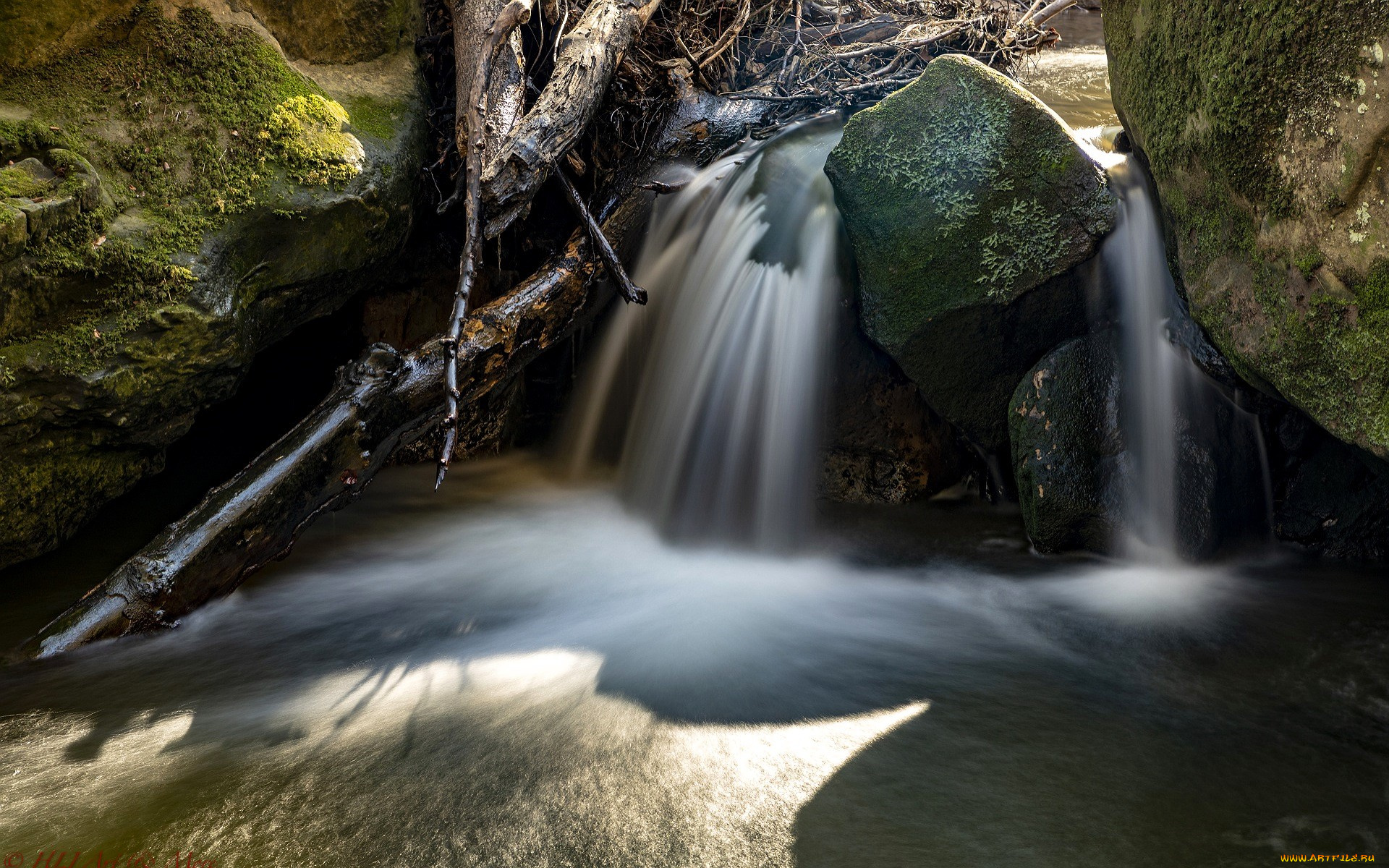 природа, водопады, водопад, поток, камни, палки