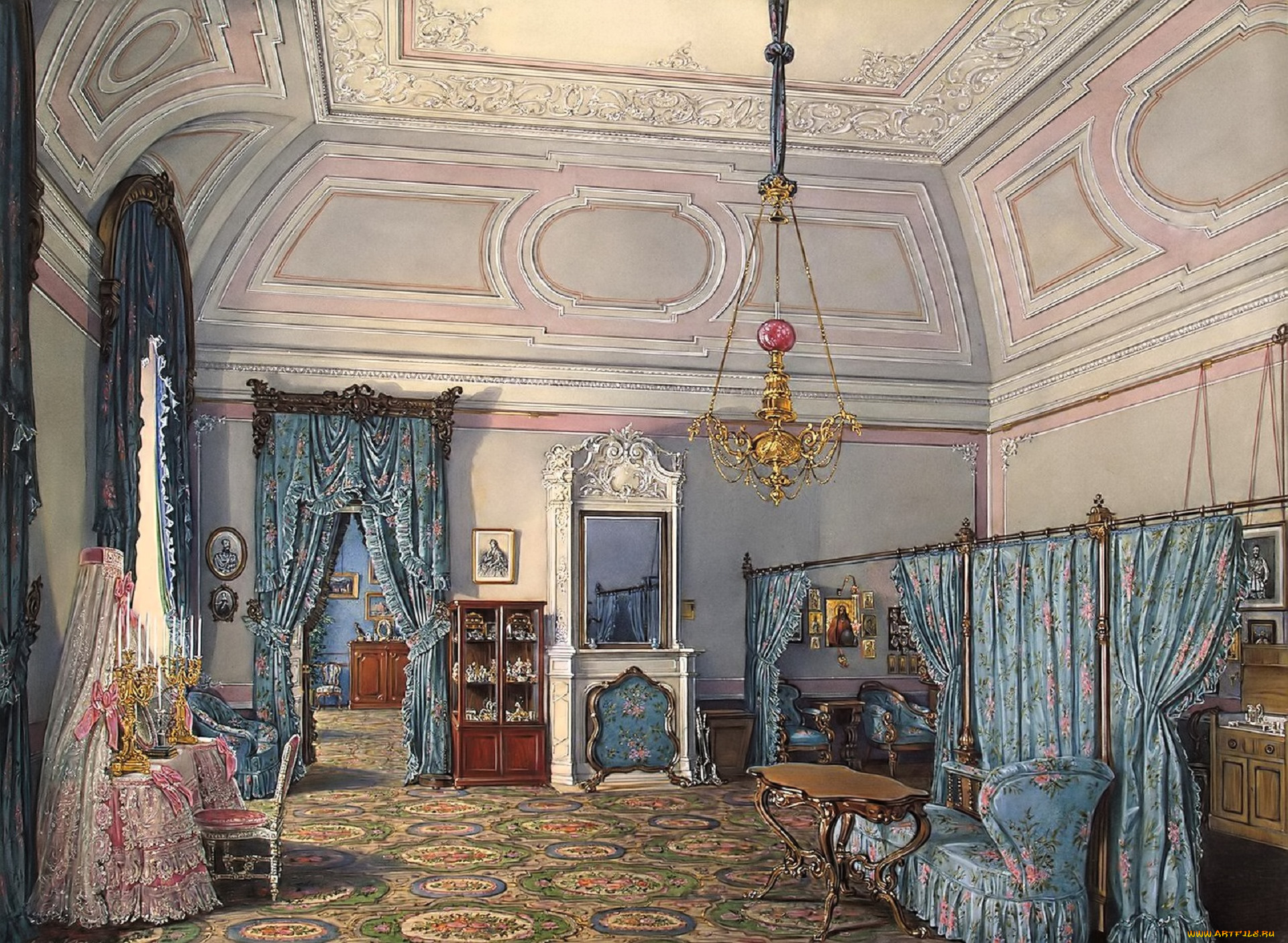 рисованное, эдуард, гау, интерьер, комната, дворец, люстра, свод, лепнина, зеркало, шторы, кресла, стол