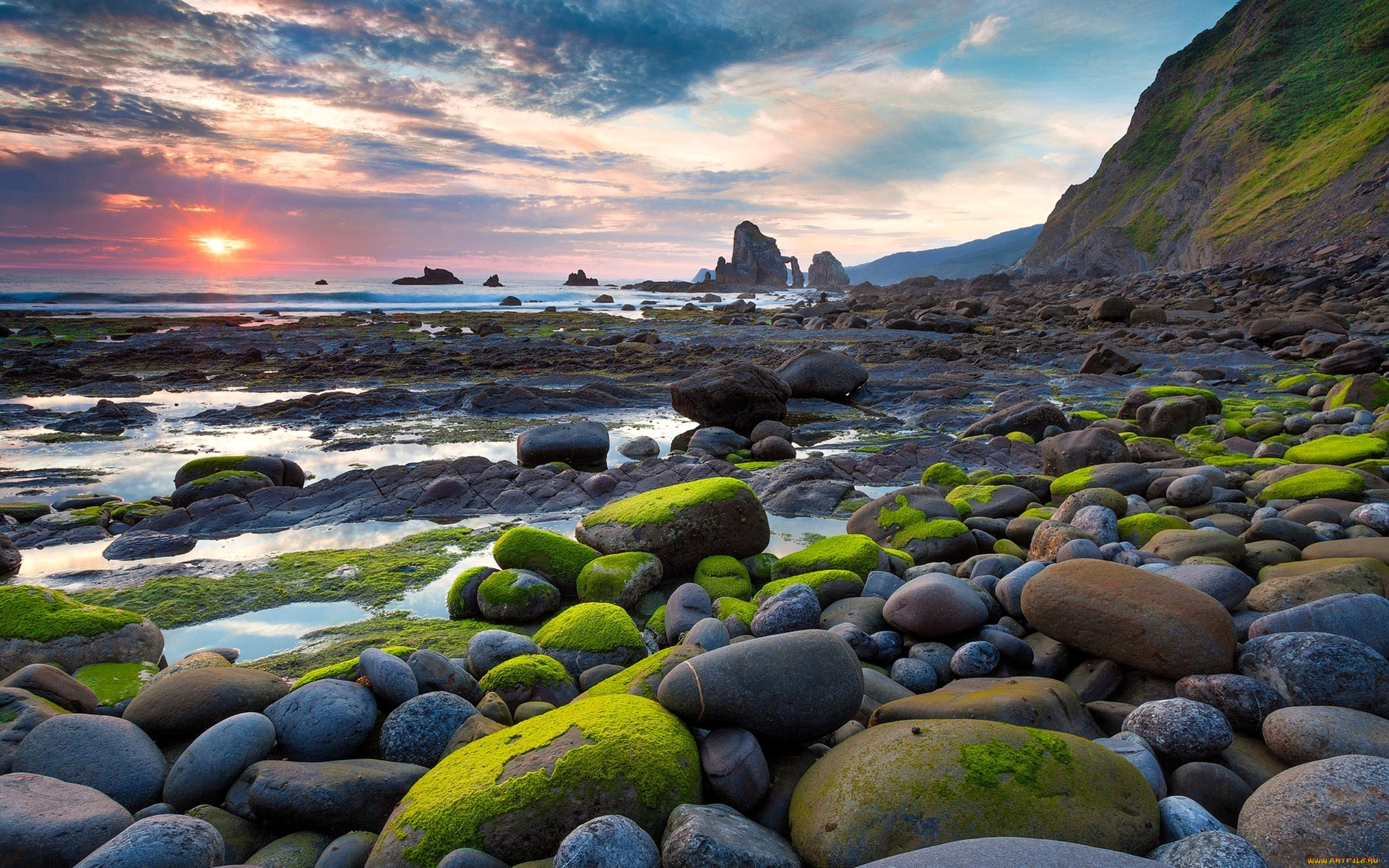 природа, побережье, берег, камни, скалы, мох, море, облака, закат