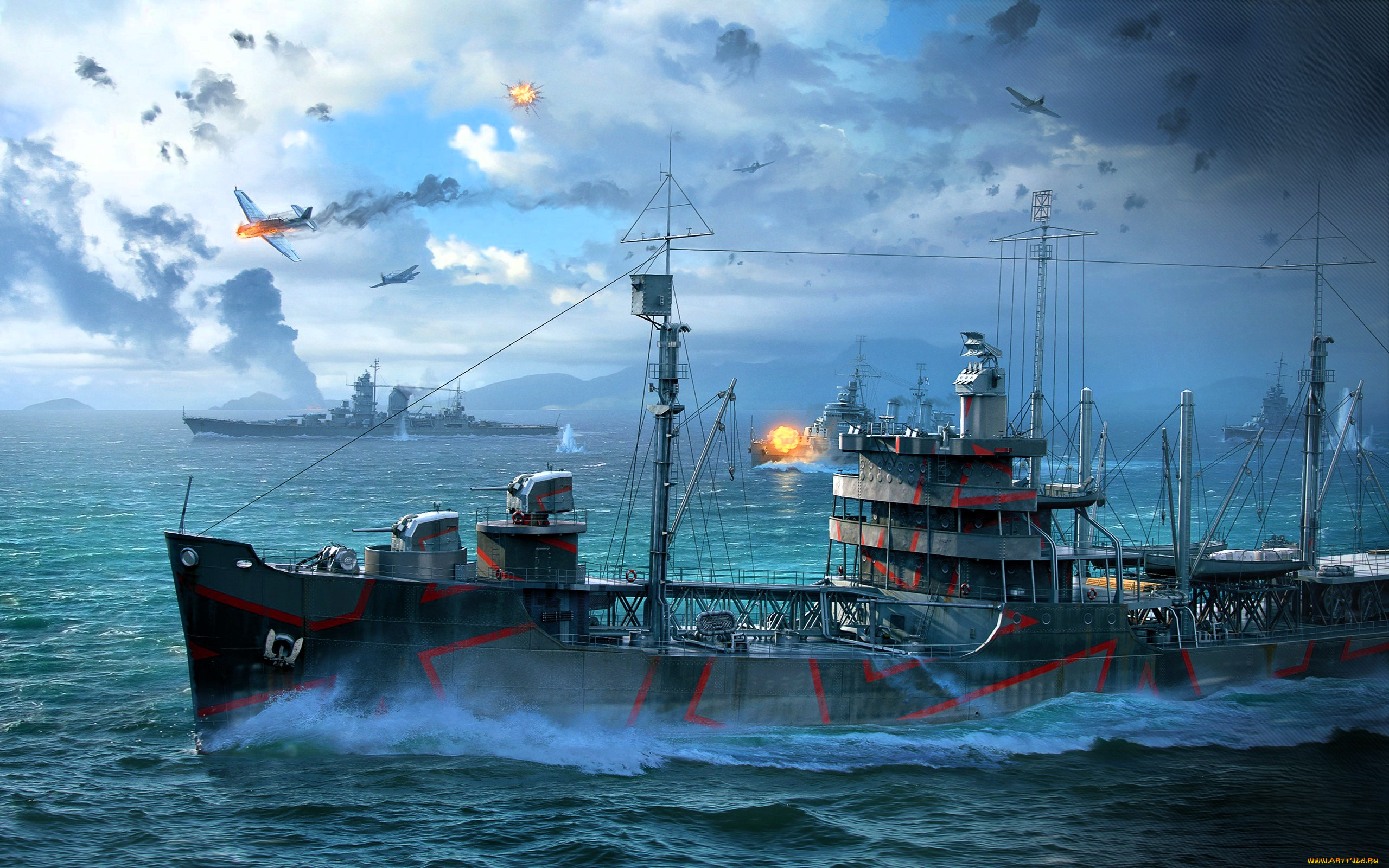 видео, игры, world, of, warships, корабли, море, огонь, бой, самолеты