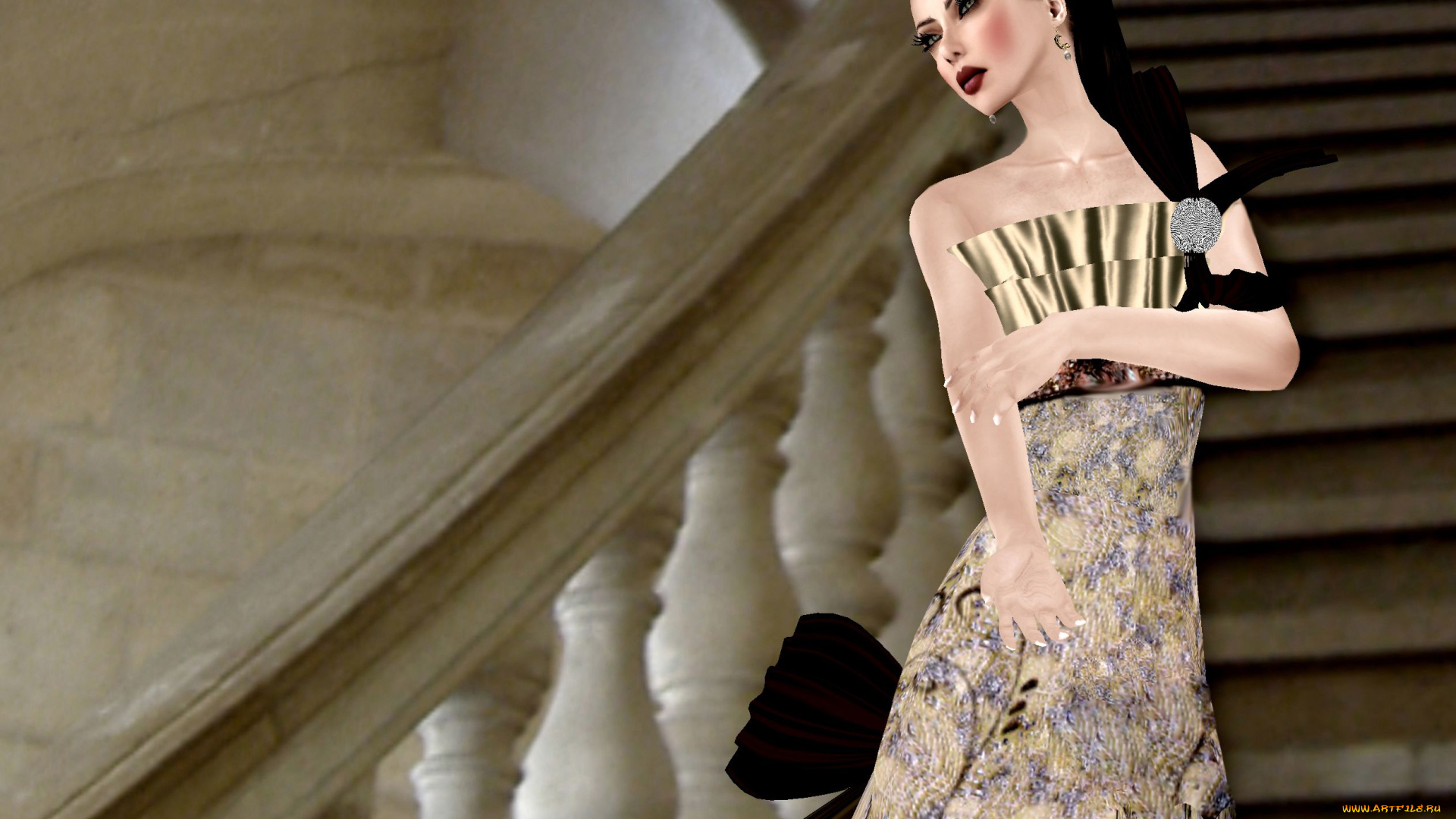 3д, графика, people, люди, брюнетка, бальное, платье