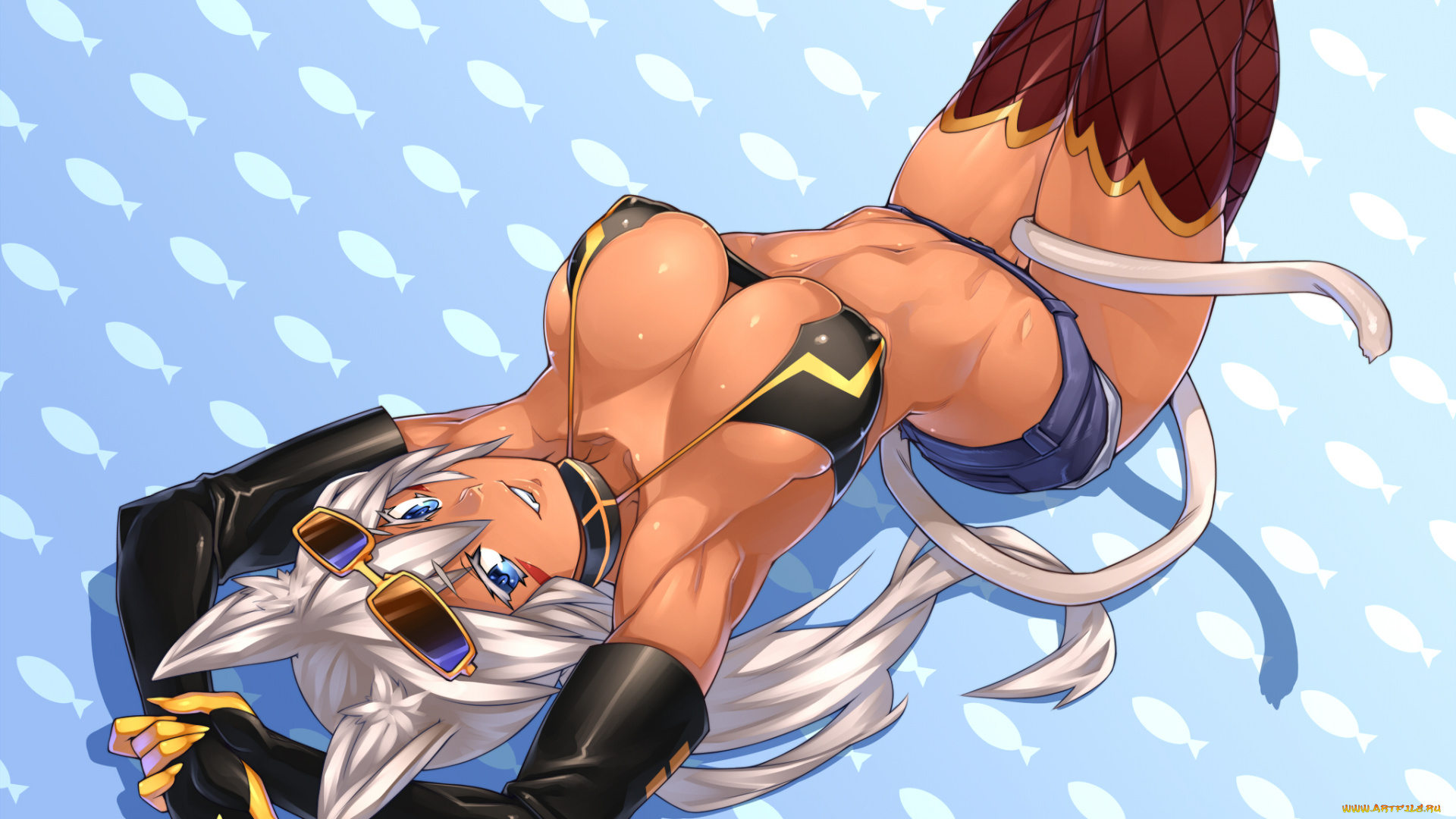 аниме, animals, девушка, перчатки, уши, грудь, shamu, meruruusa, kaiten, muten-maru, чулки, очки