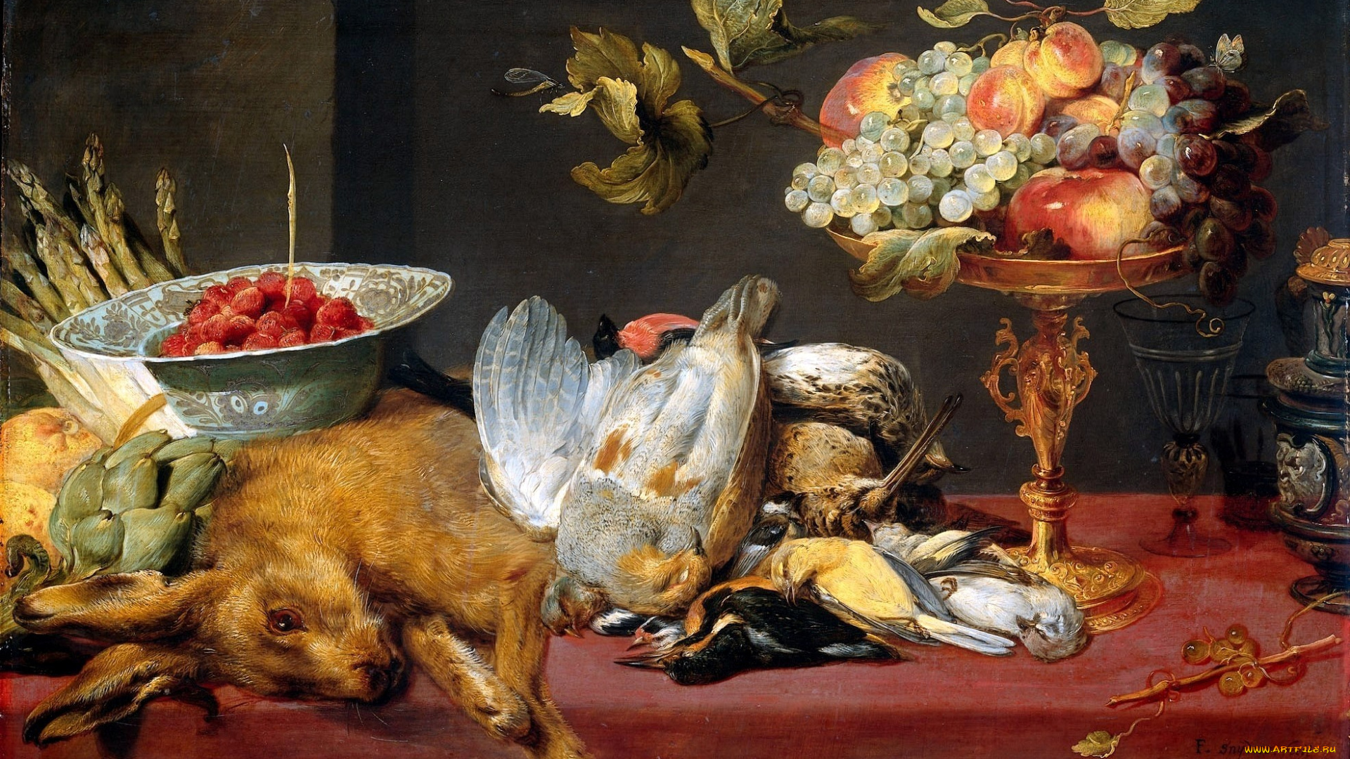 фламандская, живопись, xvii, века, рисованные, бокал, спаржа, артишок, птица, фрукты, кролик