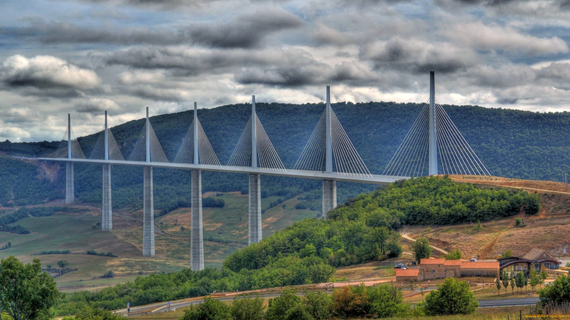 виадук, де, мийо, франция, города, мосты, опоры, трос, поля, лес