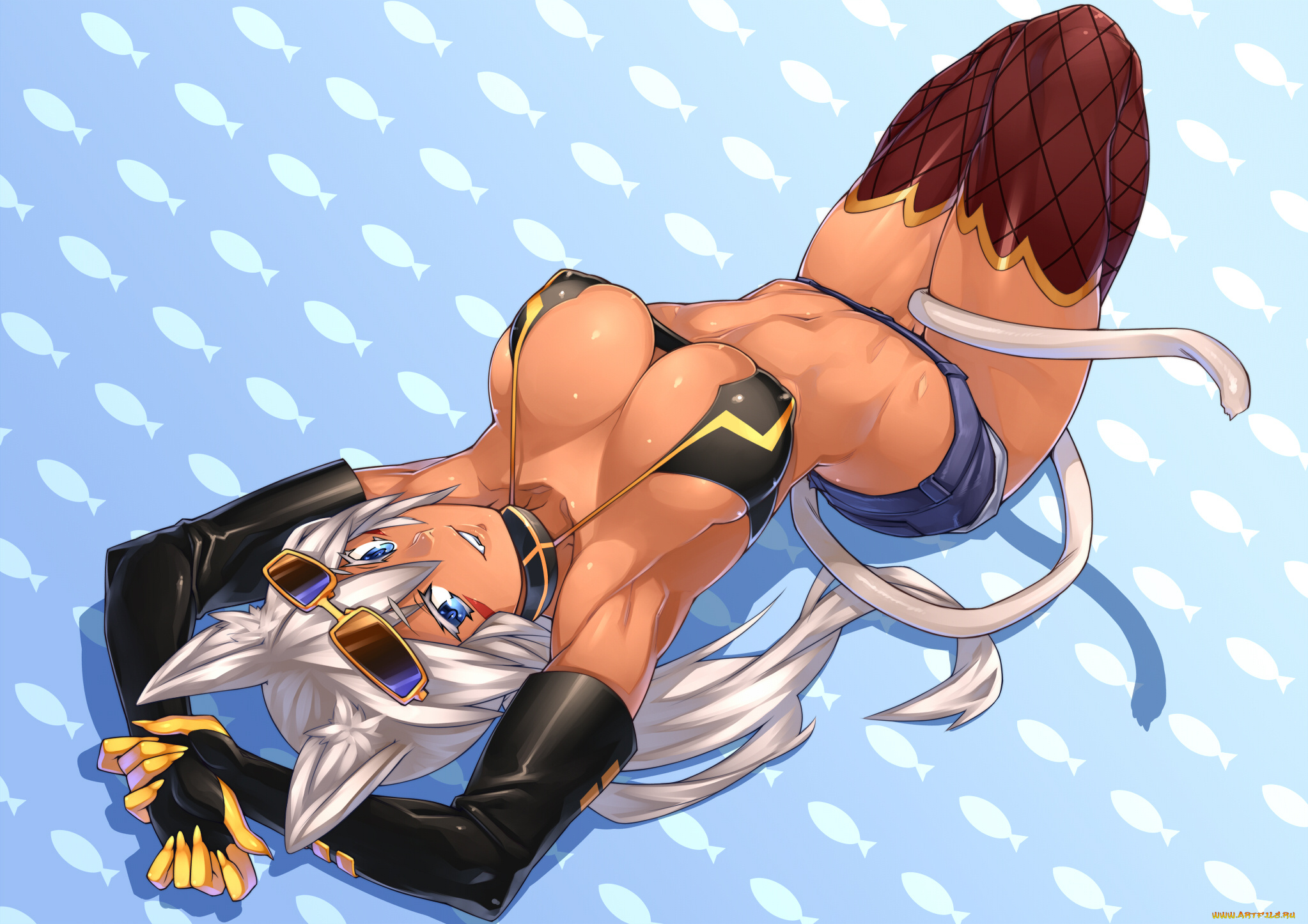 аниме, animals, девушка, перчатки, уши, грудь, shamu, meruruusa, kaiten, muten-maru, чулки, очки