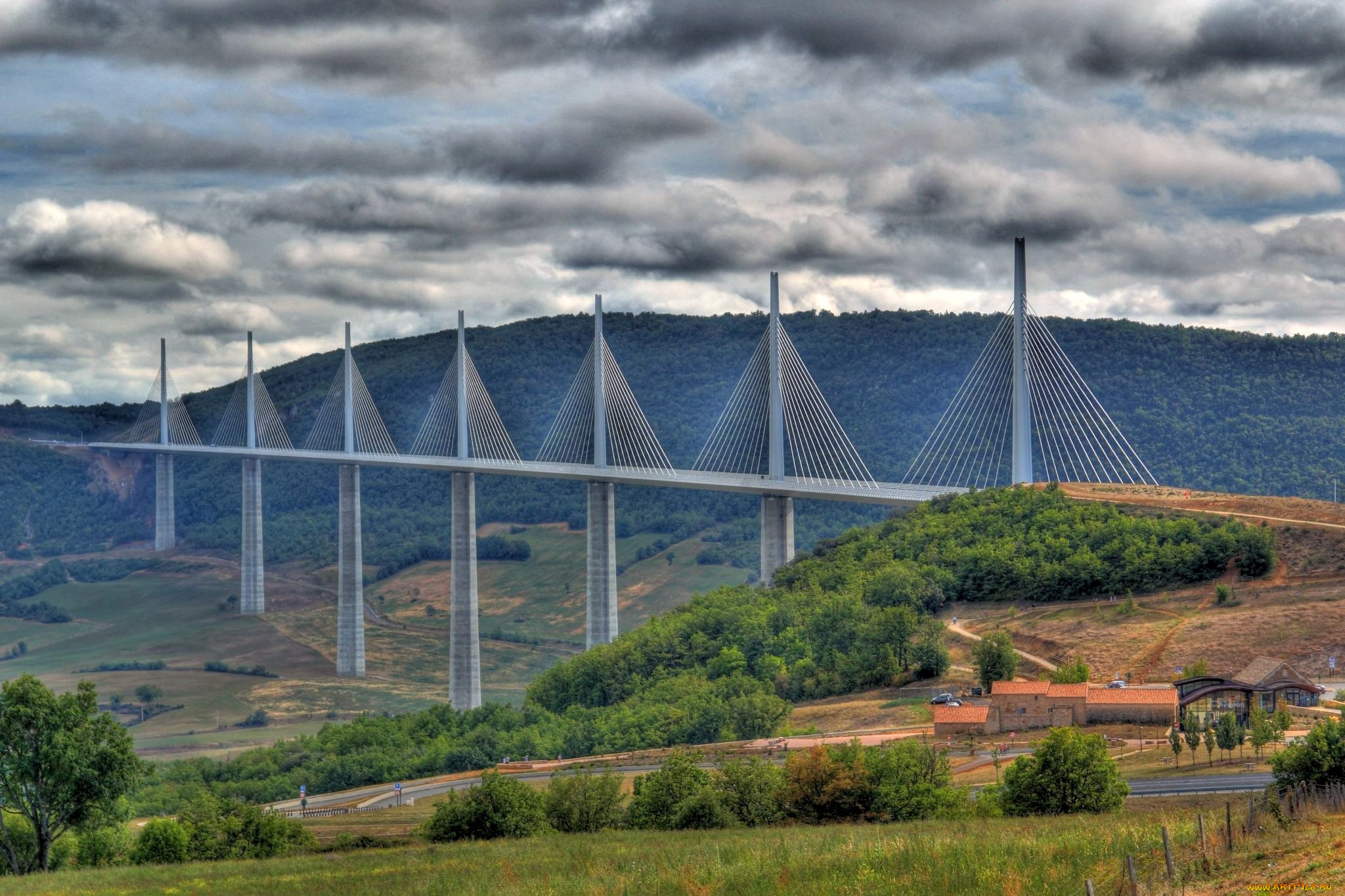 виадук, де, мийо, франция, города, мосты, опоры, трос, поля, лес