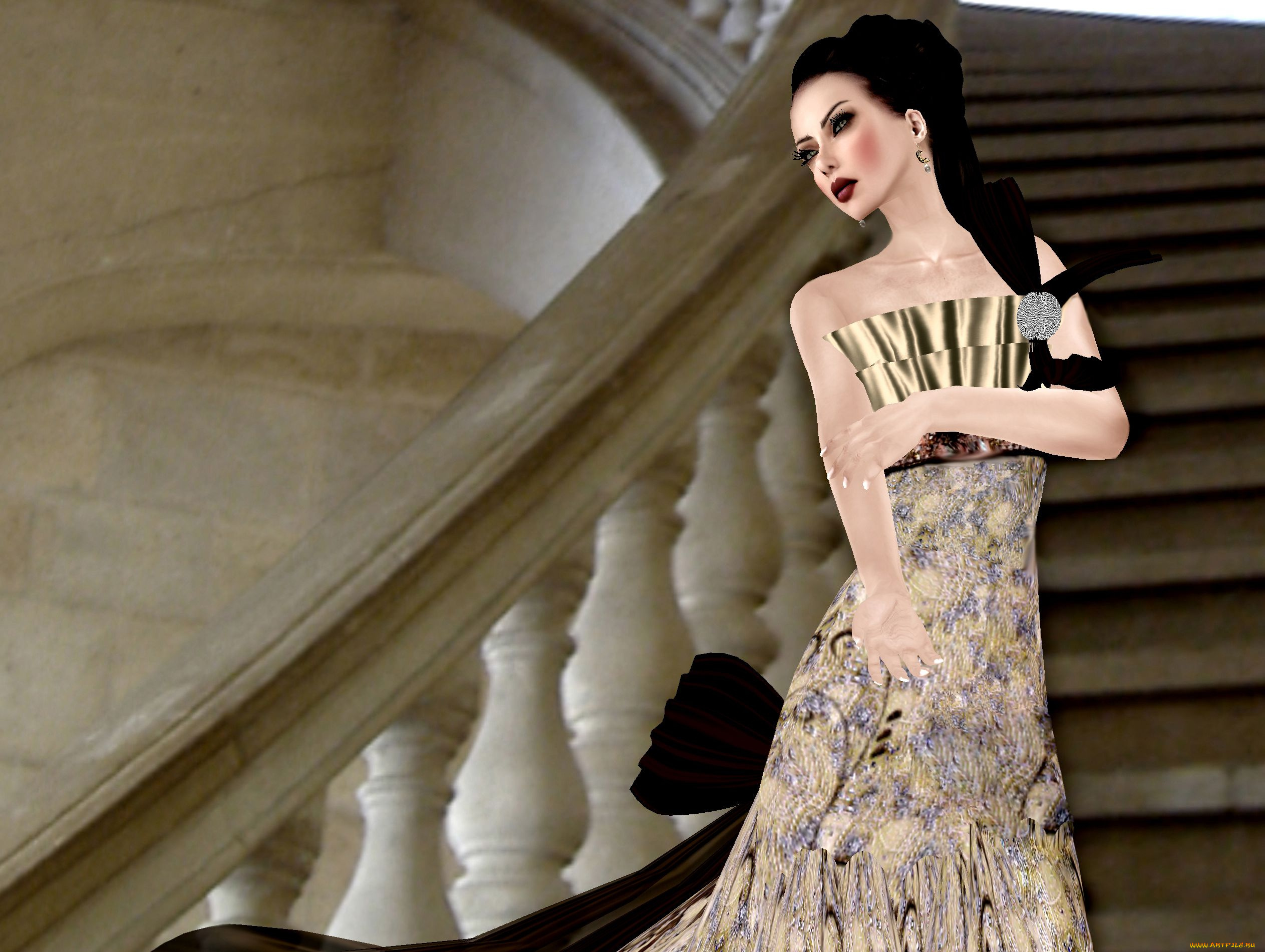 3д, графика, people, люди, брюнетка, бальное, платье