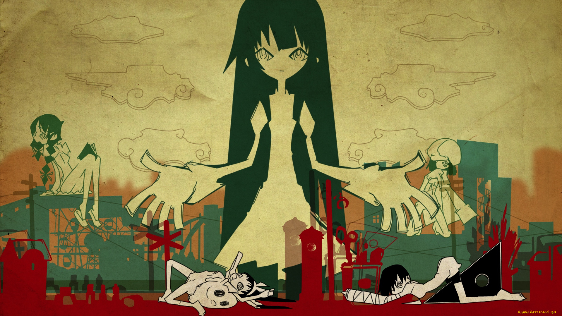 аниме, bakemonogatari, senjougahara, hitagi, kanbaru, suruga, hachikuji, mayoi, hanekawa, tsubasa, sengoku, nadeko, девушки, город