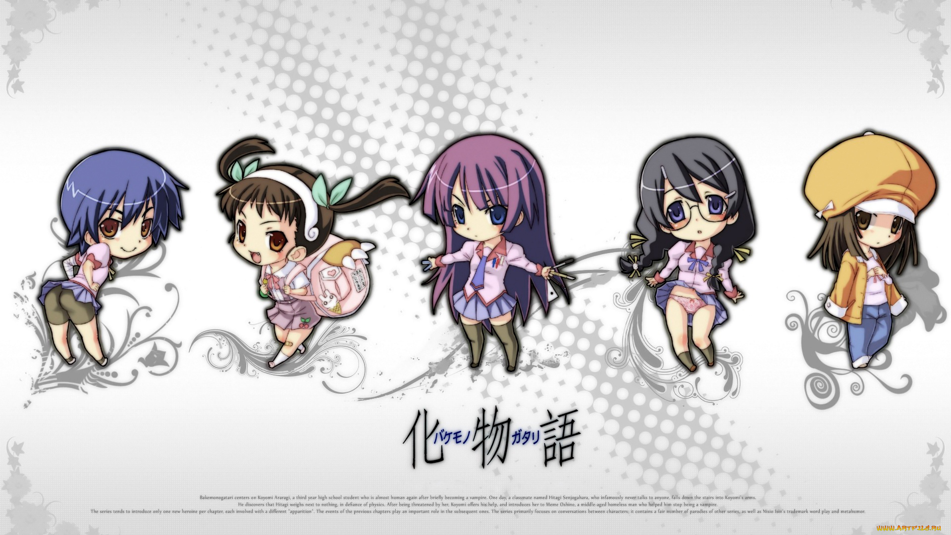 bakemonogatari, аниме, senjougahara, hitagi, девушка, форма, инструменты, kanbaru, suruga, бинт, шорты, hachikuji, mayoi, портфель, бант, лента, sengoku, nadeko, шляпа, пиджак, hanekawa, tsubasa, очки, косички