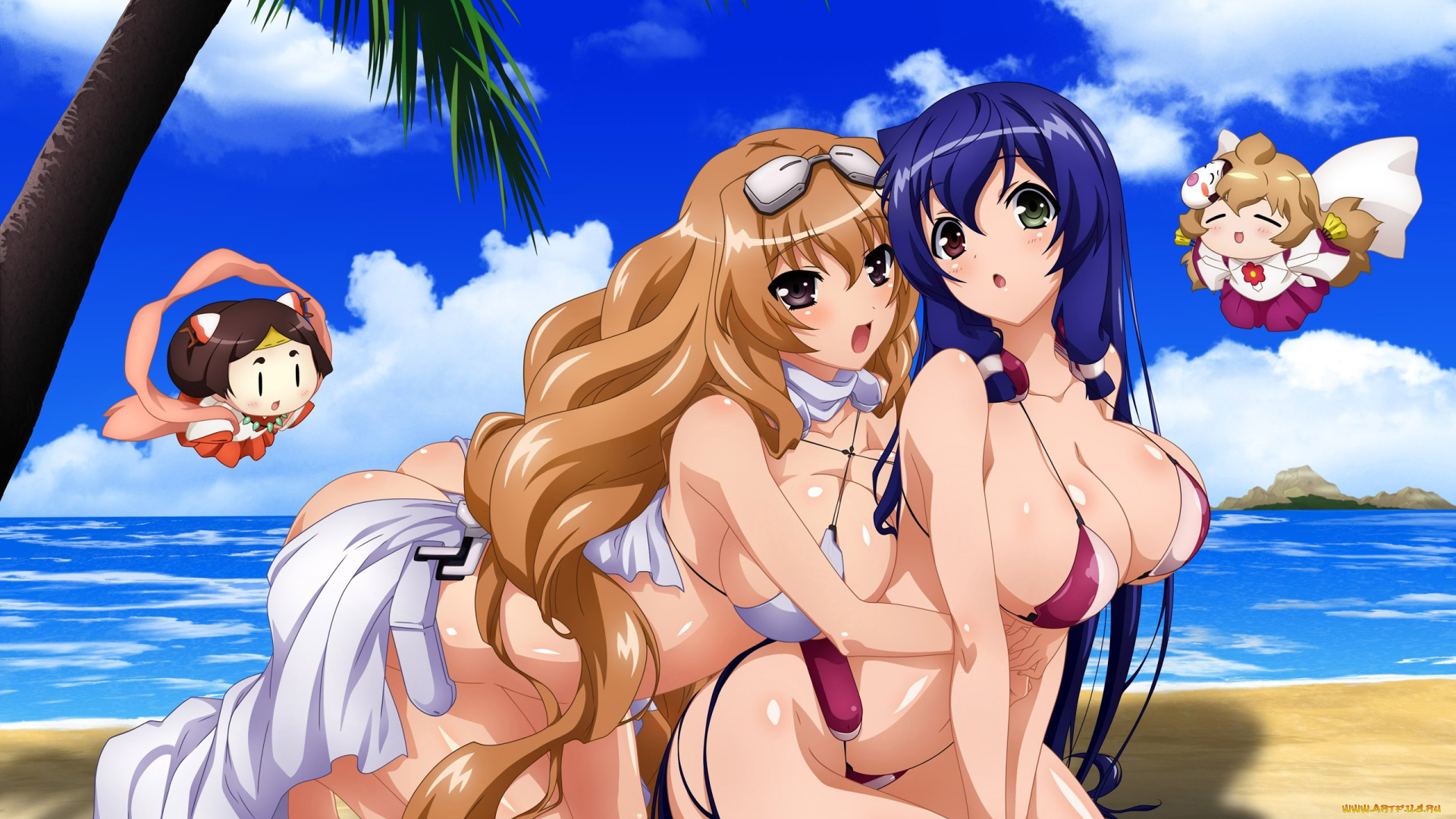 kyoukai, senjou, no, horizon, аниме, kyoukaisen, jou, kimi, aoi, asama, tomo, пляж, девушки, купальник, пальма, море