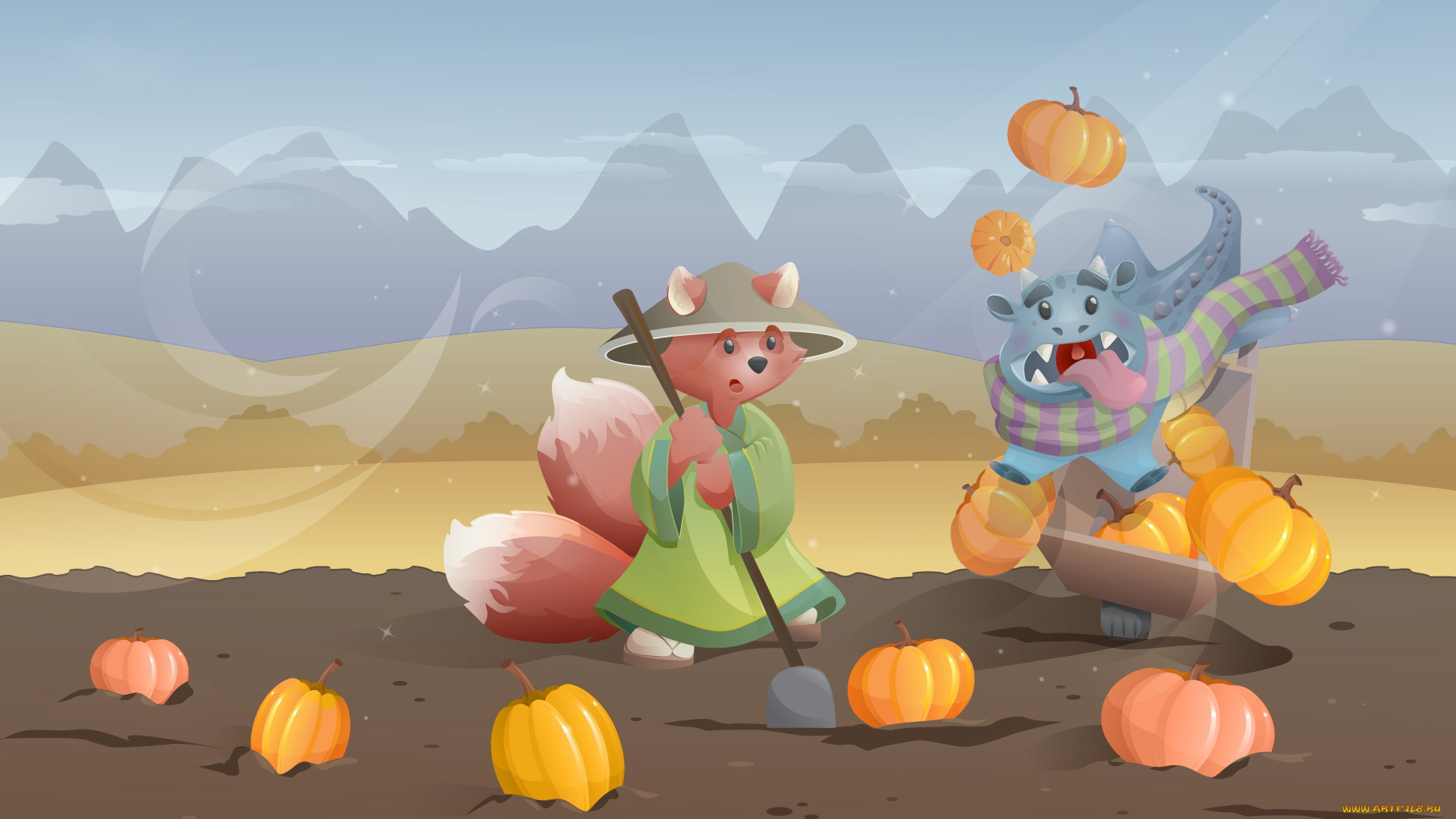 векторная, графика, поле, тыквы, горы