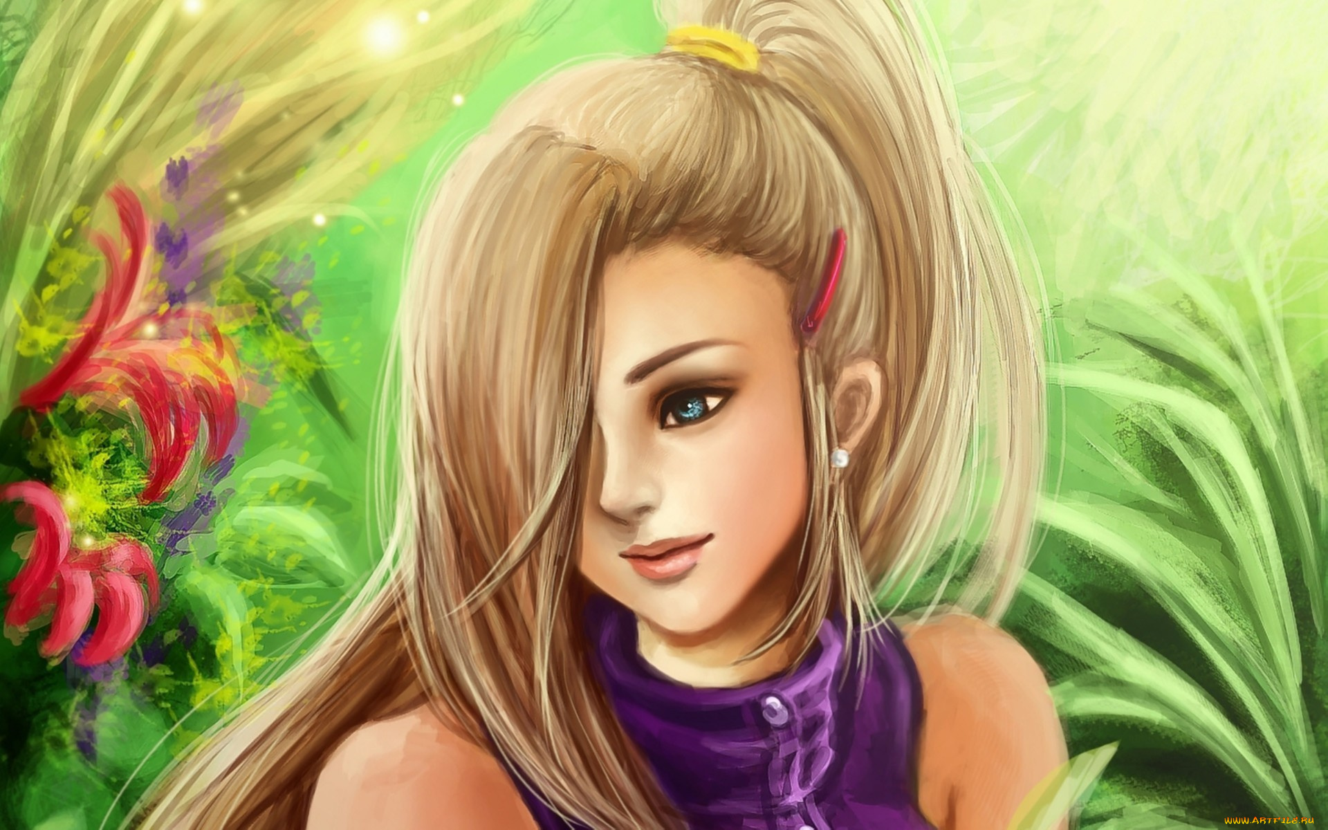 аниме, naruto, rikamello, yamanaka, ino, девушка, цветы, зелень, волосы