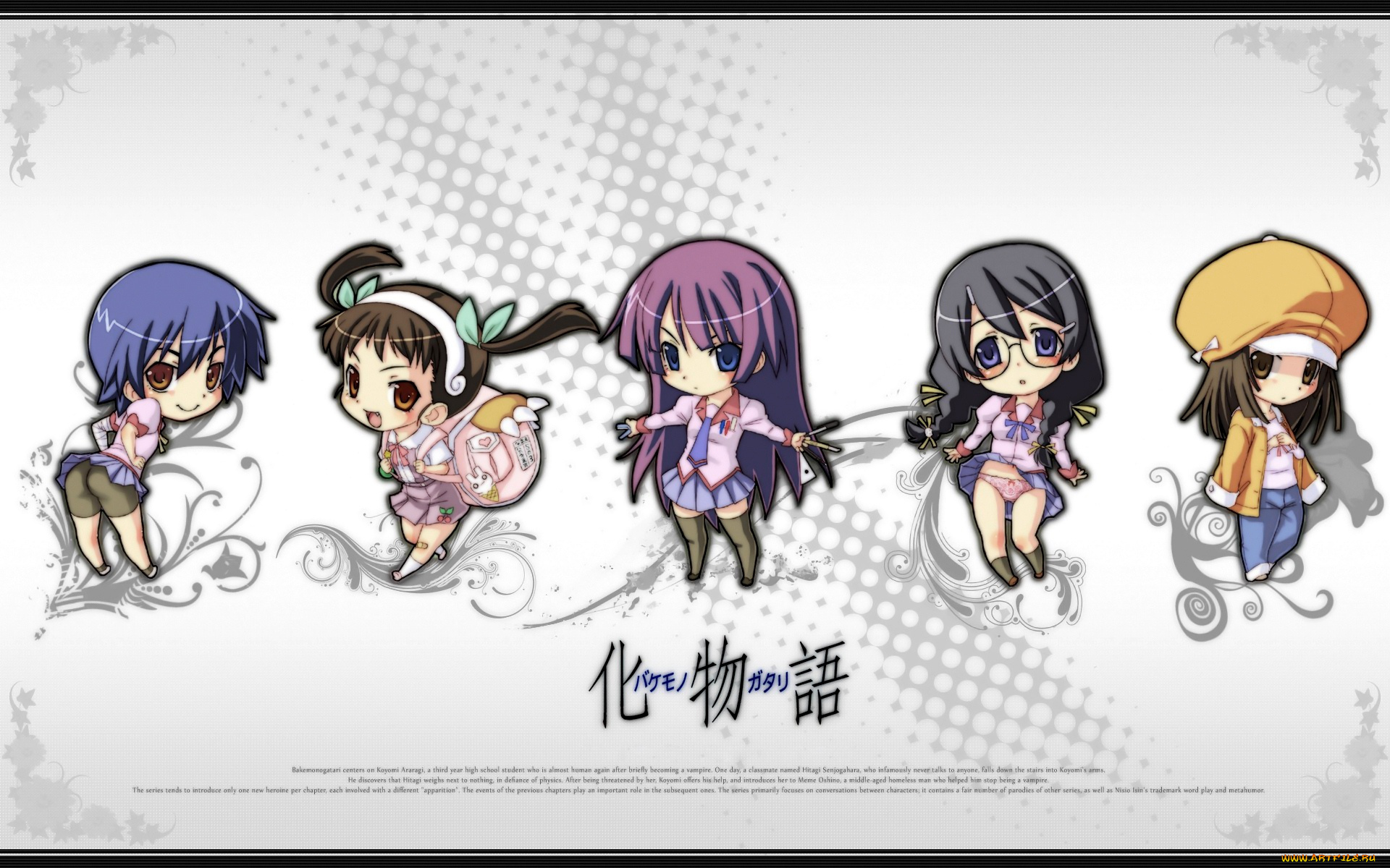 bakemonogatari, аниме, senjougahara, hitagi, девушка, форма, инструменты, kanbaru, suruga, бинт, шорты, hachikuji, mayoi, портфель, бант, лента, sengoku, nadeko, шляпа, пиджак, hanekawa, tsubasa, очки, косички