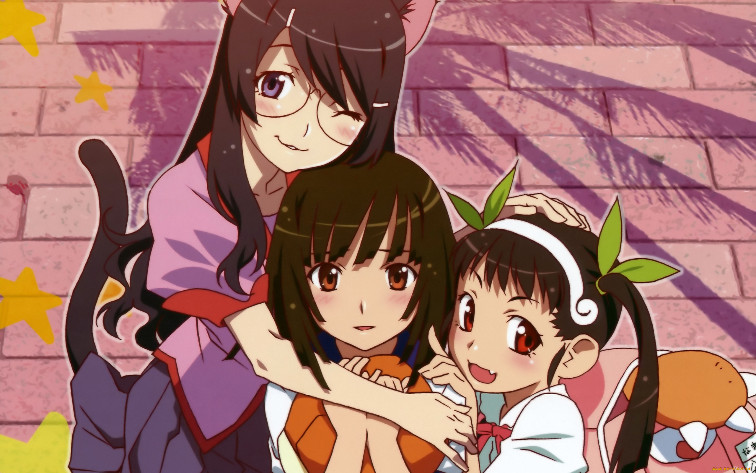 аниме, bakemonogatari, hanekawa, tsubasa, девушка, форма, очки, хвост, ушки, кошка, sengoku, nadeko, шляпа, hachikuji, mayoi, портфель, бант, лента, улица