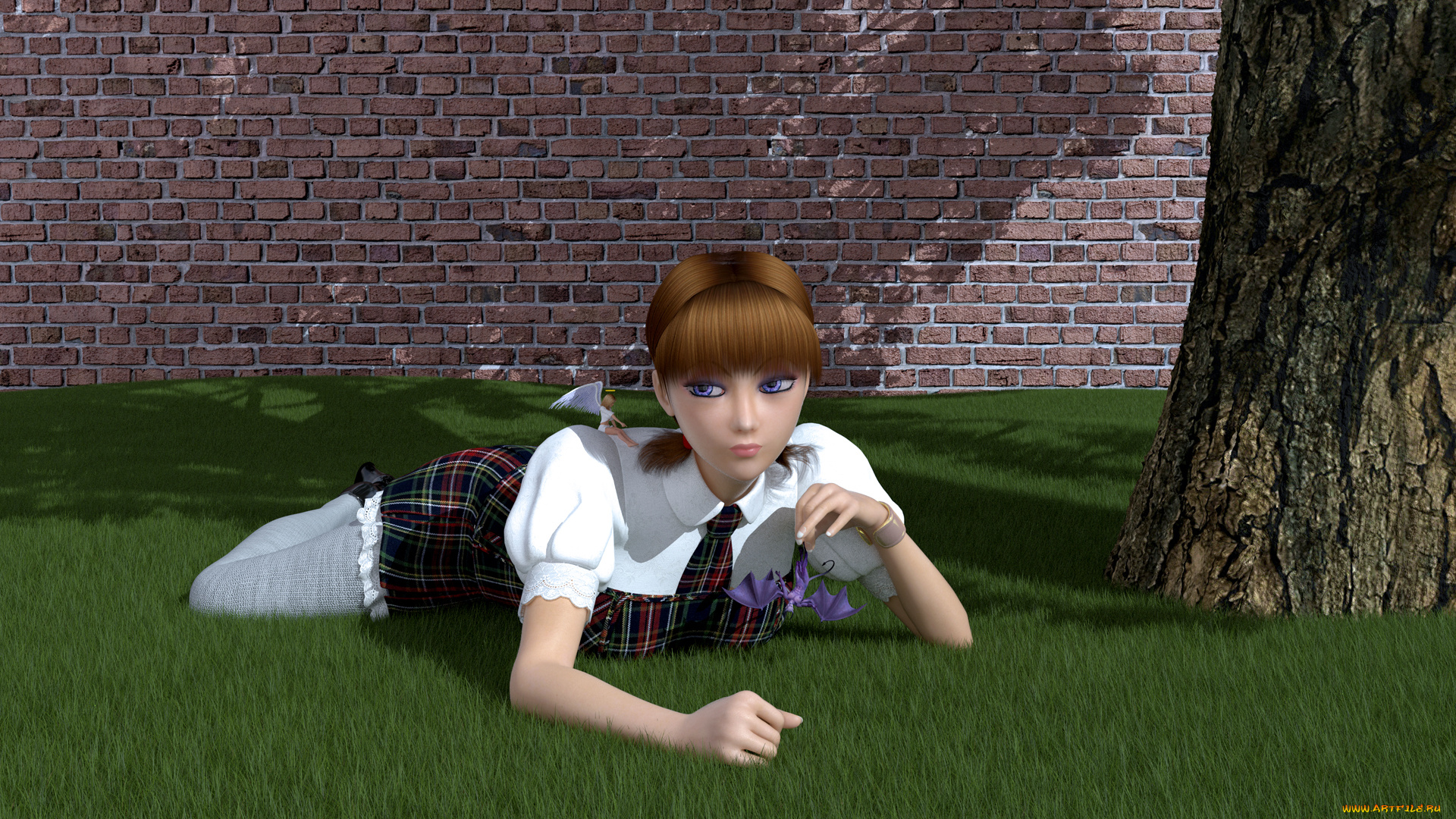 3д, графика, people, люди, дракон, фея, трава, стена, девушка