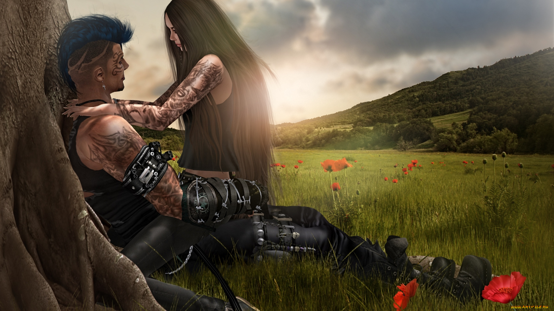 3д, графика, romance, пара, байкеры, природа