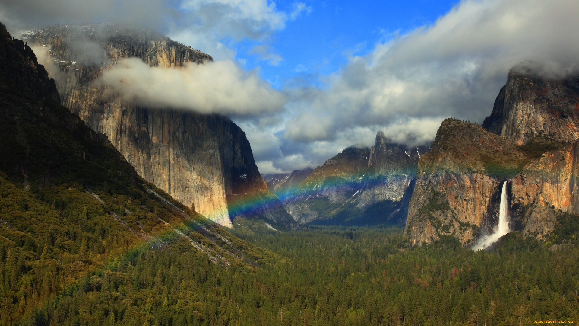 bridalveil, fall, yosemite, national, park, california, природа, водопады, водопад, брайдлвейл, йосемити, горы, радуга, долина