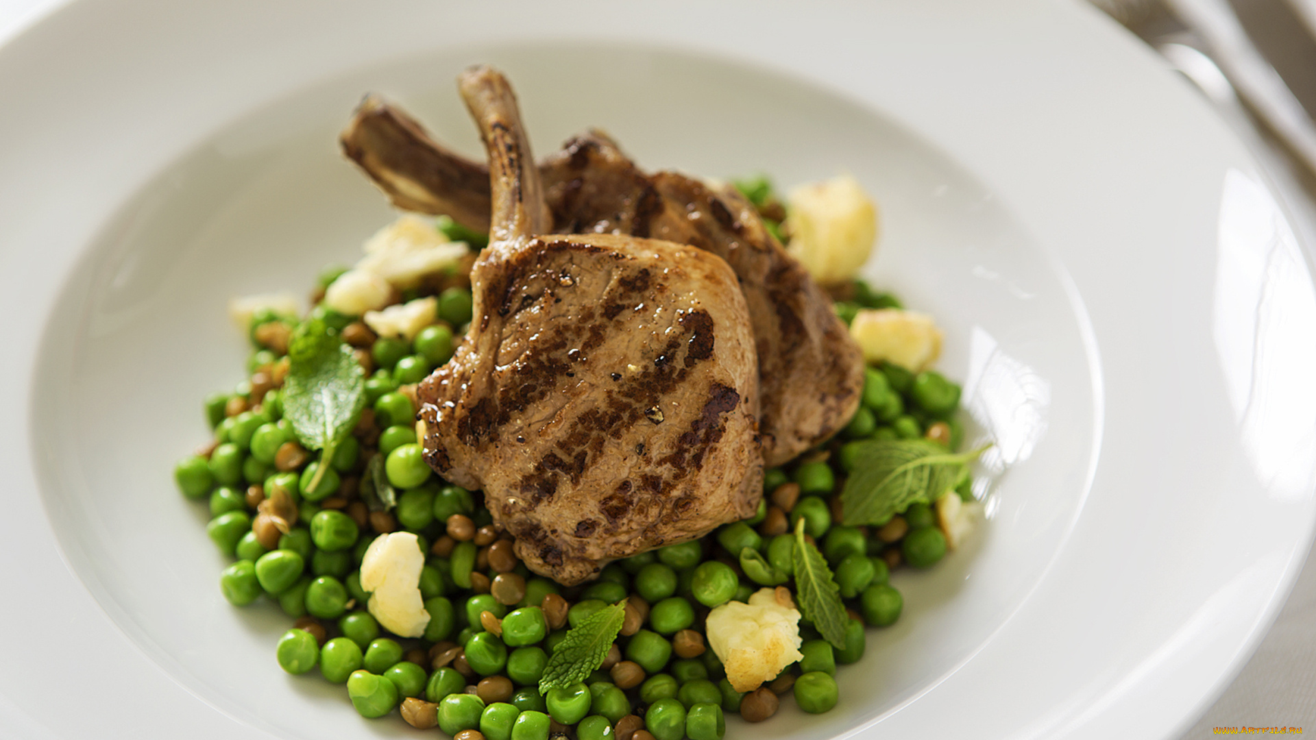 еда, мясные, блюда, каре, ягненка, горох