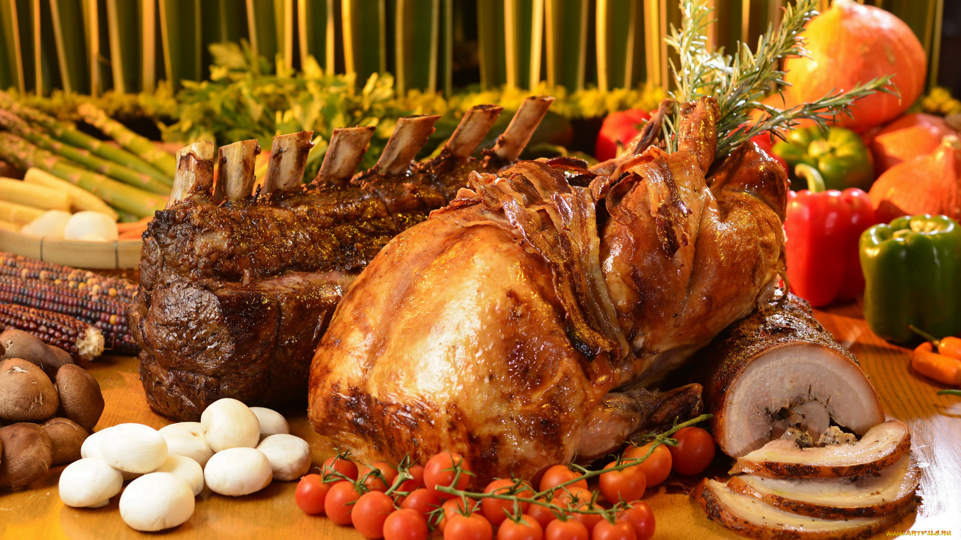 еда, мясные, блюда, курица, буженина, помидоры