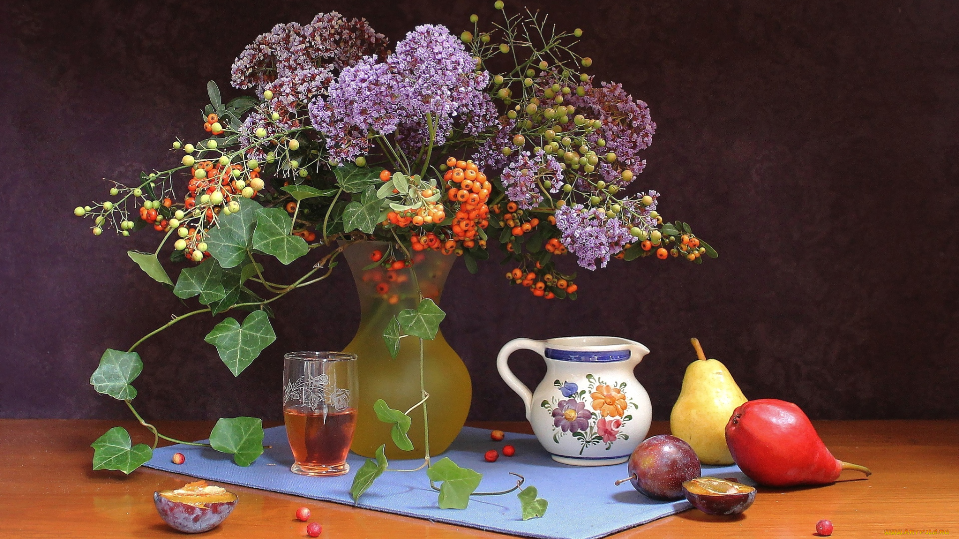 еда, натюрморт, сливы, груши, сок, букет