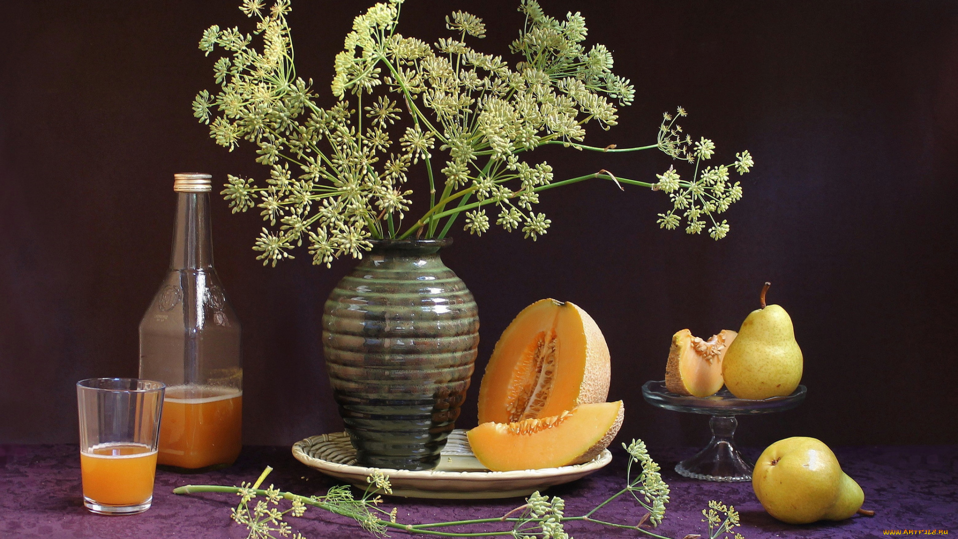 еда, натюрморт, укроп, сок, груша, дыня