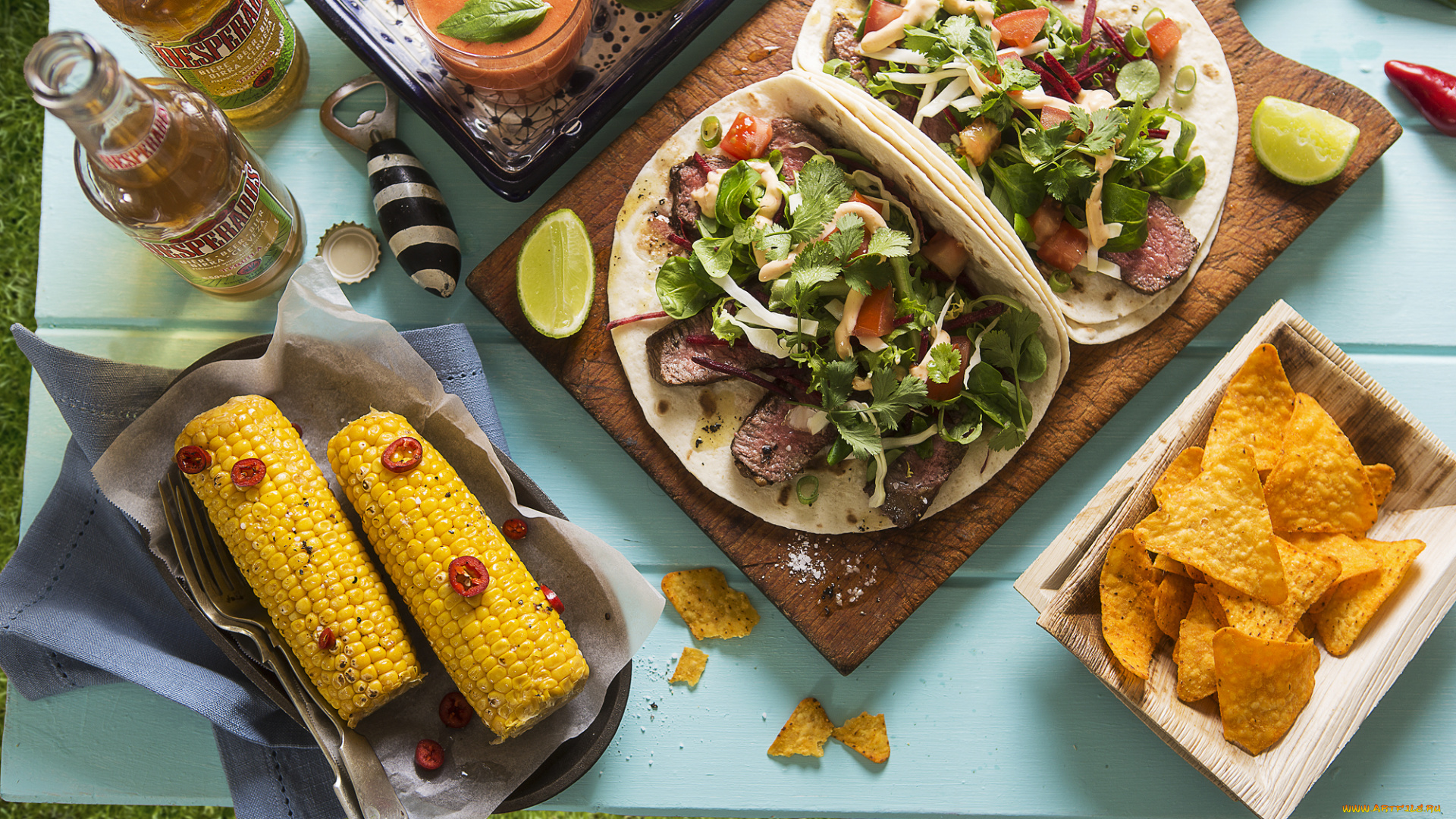 еда, салаты, закуски, пиво, чипсы, кукуруза, лепёшки