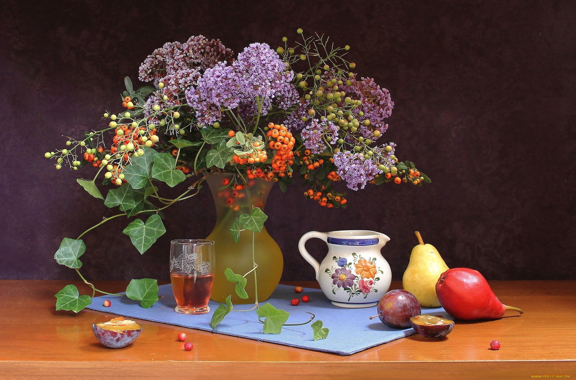 еда, натюрморт, сливы, груши, сок, букет