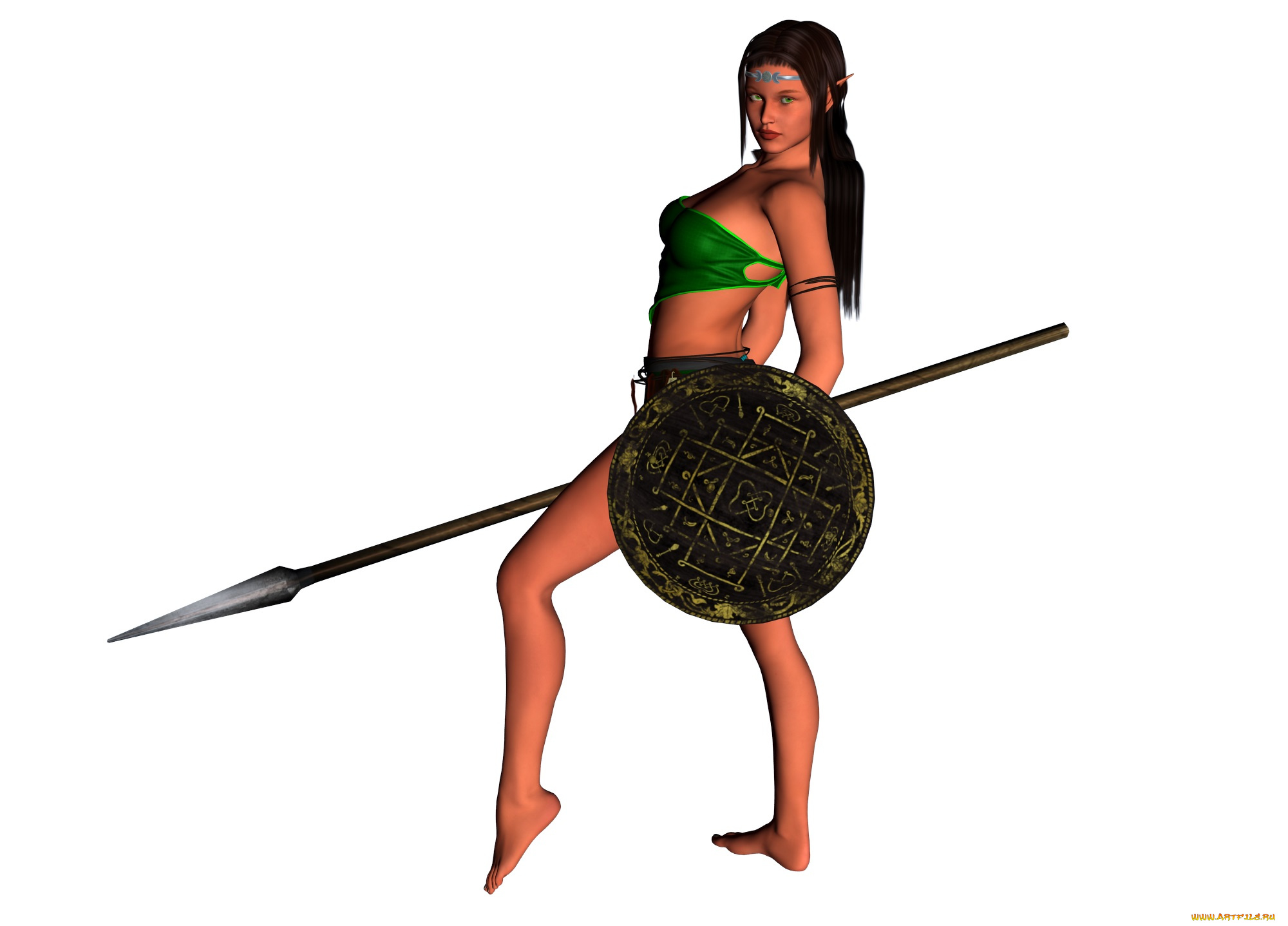 3д, графика, elves, эльфы, копье, эльфийка, щит