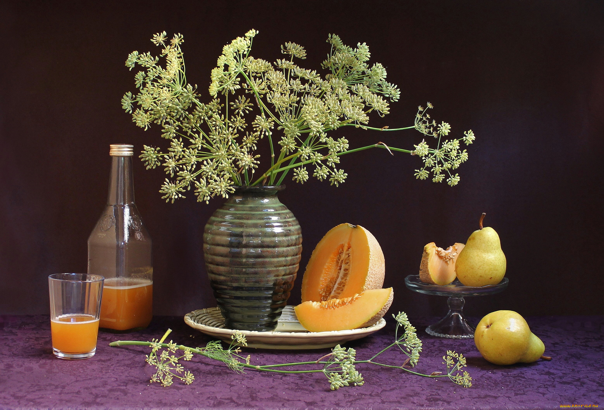 еда, натюрморт, укроп, сок, груша, дыня