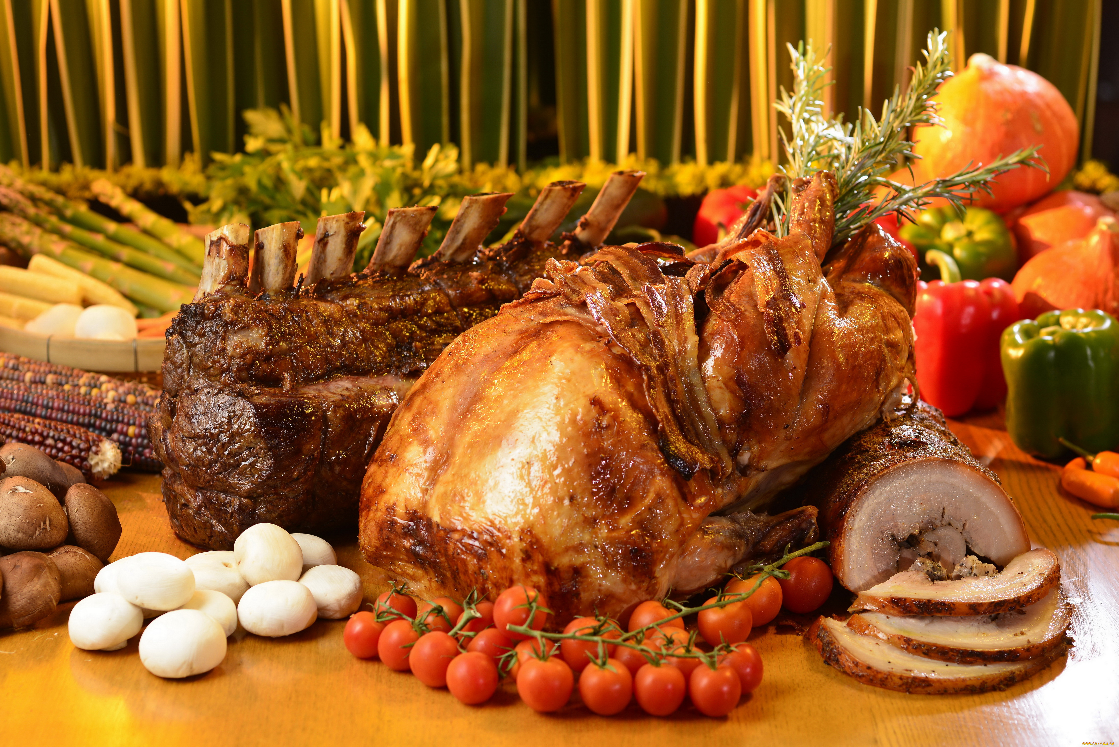 еда, мясные, блюда, курица, буженина, помидоры