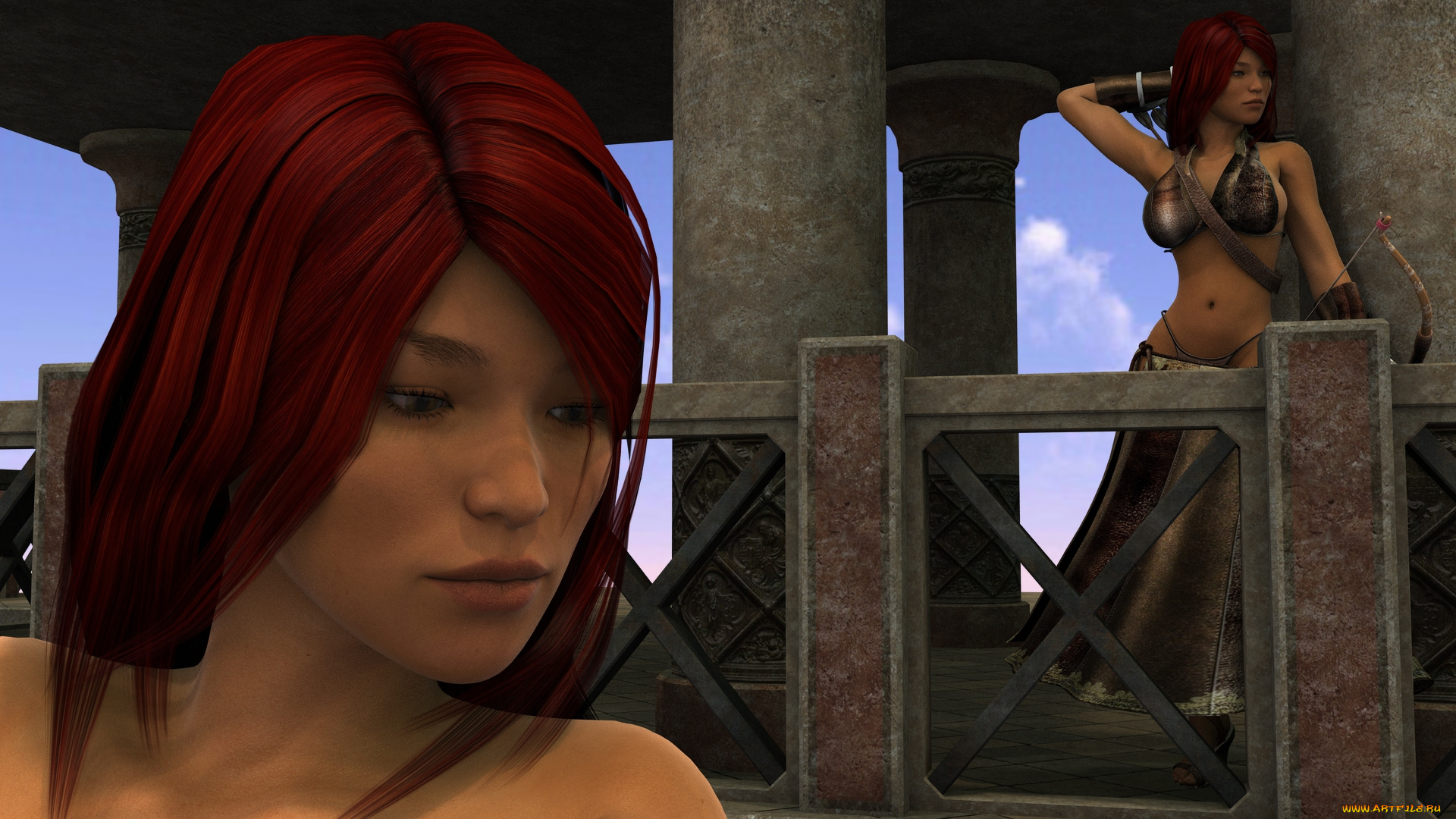 3д, графика, амазонки, , amazon, лук, взгляд, девушка, балкон