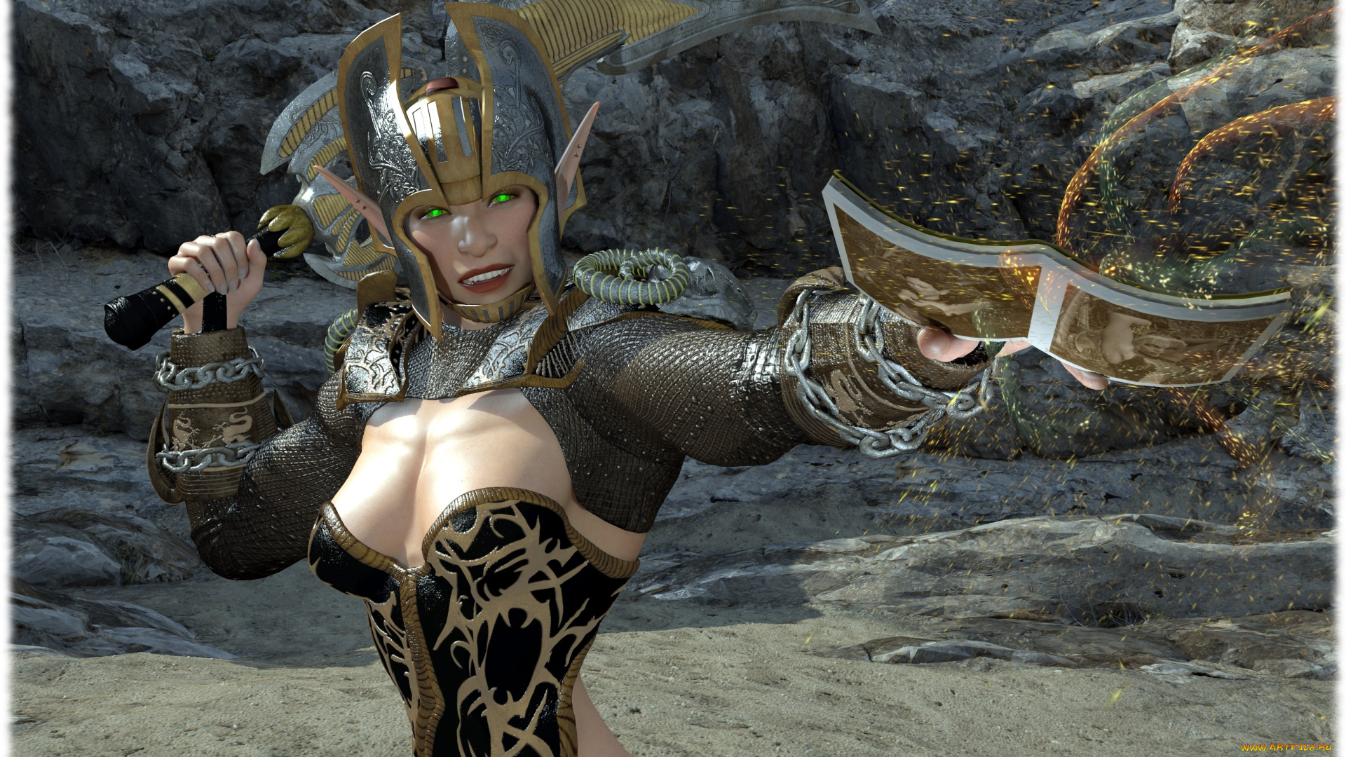 3д, графика, эльфы, , elves, фон, доспехи, оружие, взгляд, эльфийка