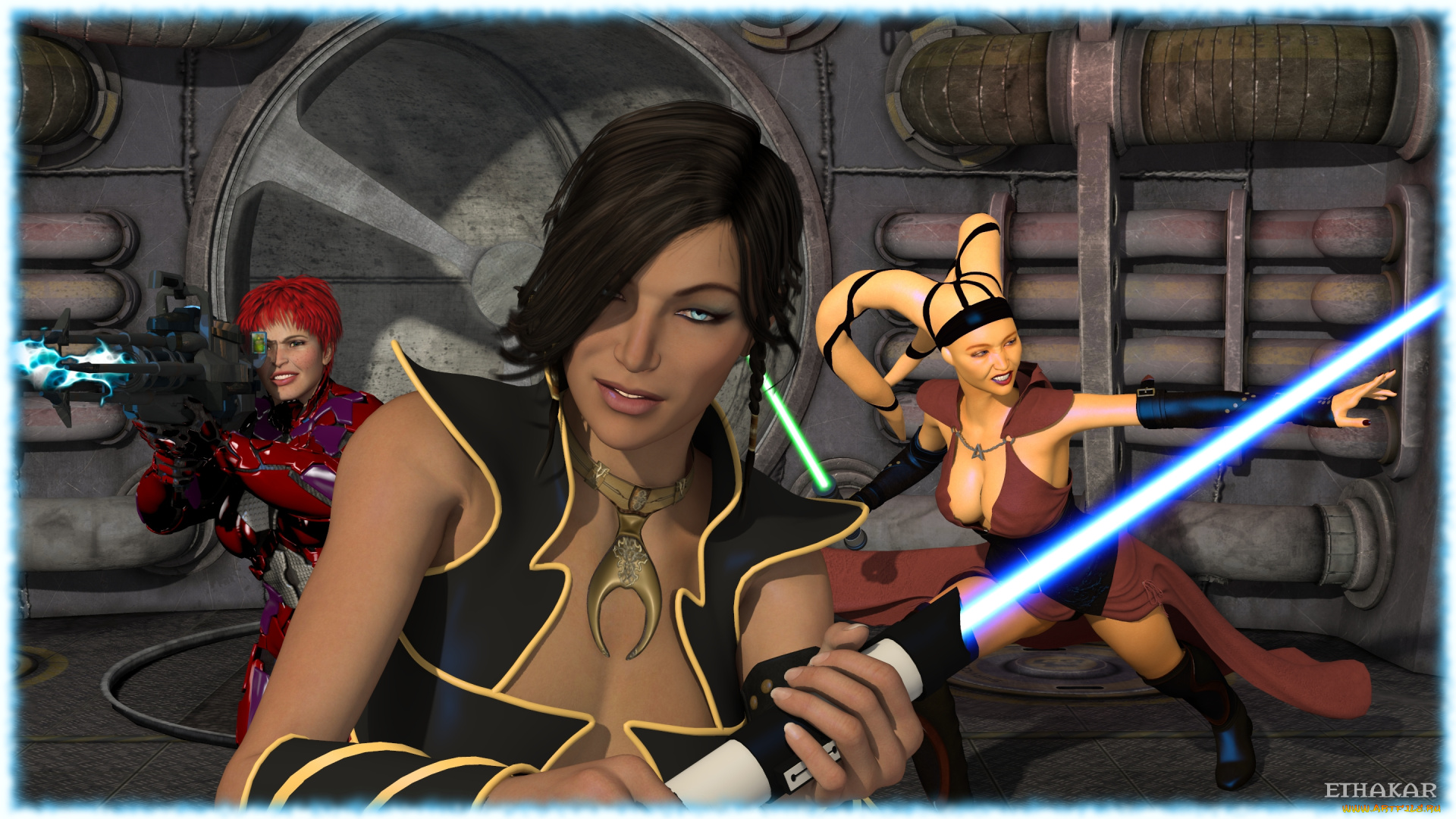 3д, графика, фантазия, , fantasy, халк, взгляд, оружие, девушки