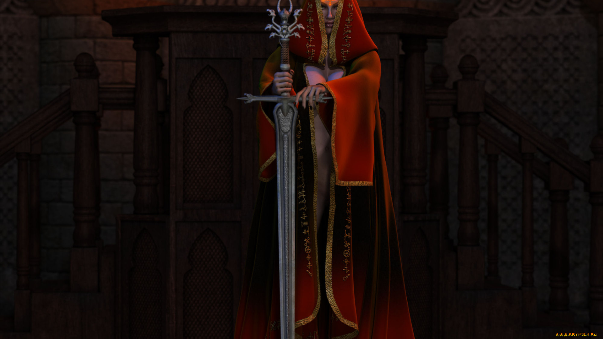 3д, графика, фантазия, , fantasy, меч, накидка, фон, взгляд, девушка