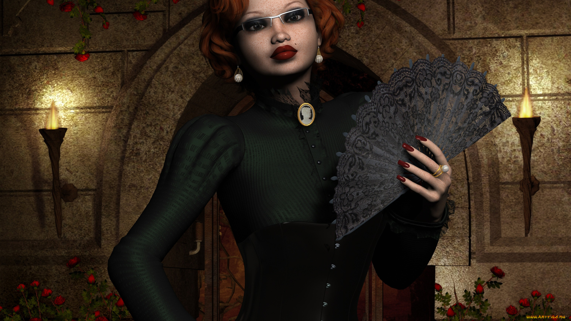 3д, графика, люди, , people, цветы, веер, рыжая, очки, фон, взгляд, девушка