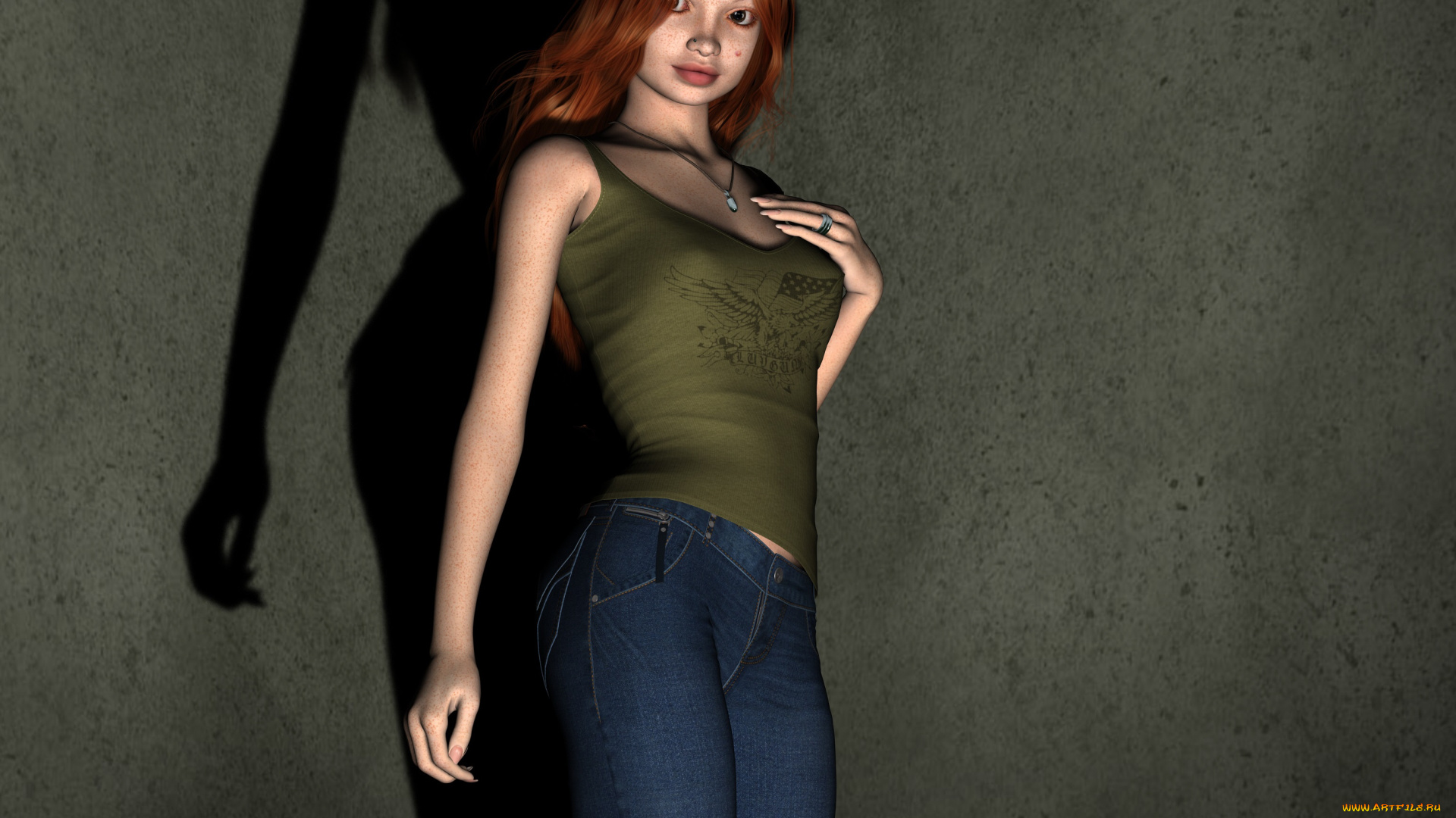 3д, графика, люди, , people, рыжая, фон, взгляд, девушка